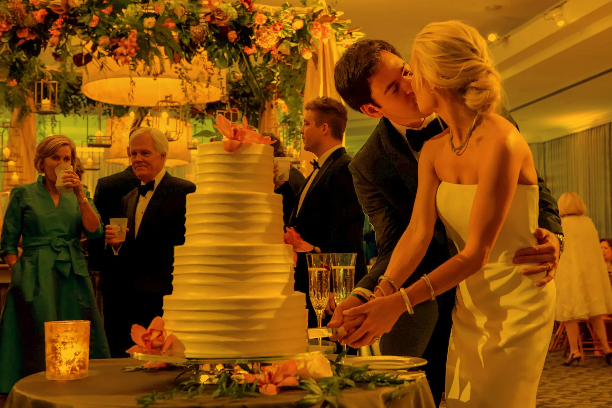 Cinematic Cake Cutting Kiss at Pinehurst Resort