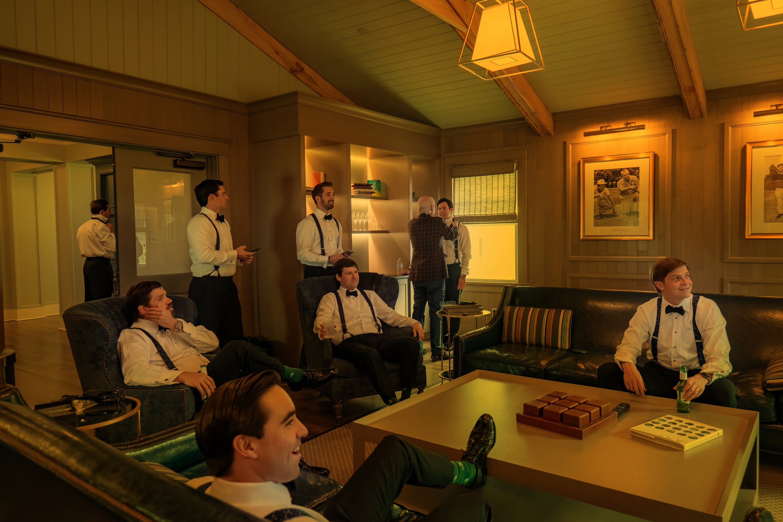 Groom Prepares While Groomsmen Watch the Game at The Manor