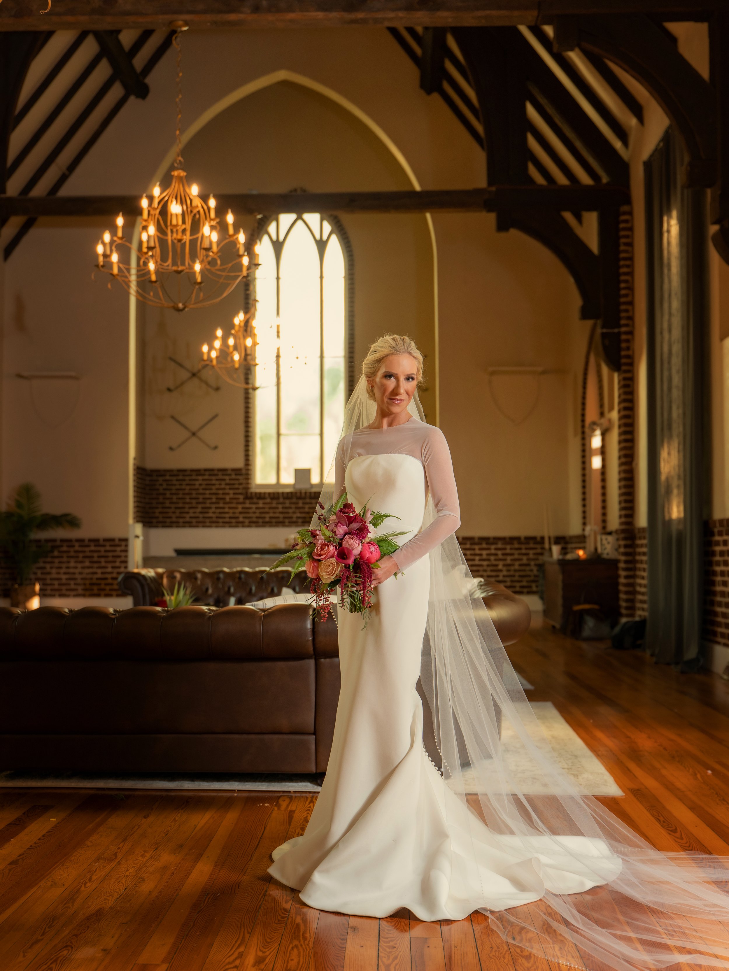 Elegant bridal portrait taken at The Old Church AirBNB in Pinehurst, NC.