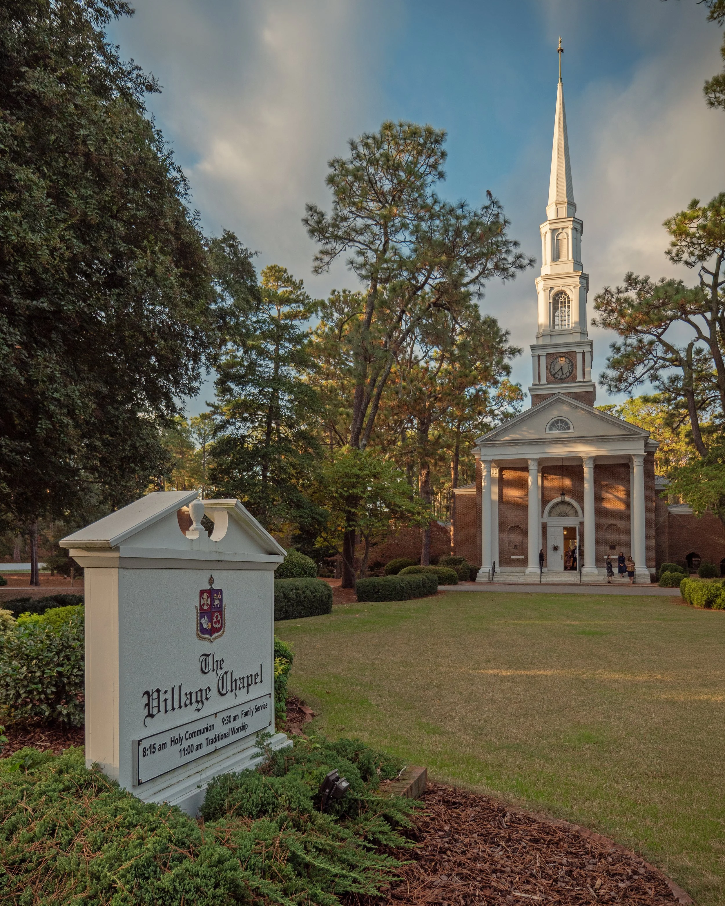 Exterior view of the historic Pinehurst Village Chapel in Pinehurst North Carolina.