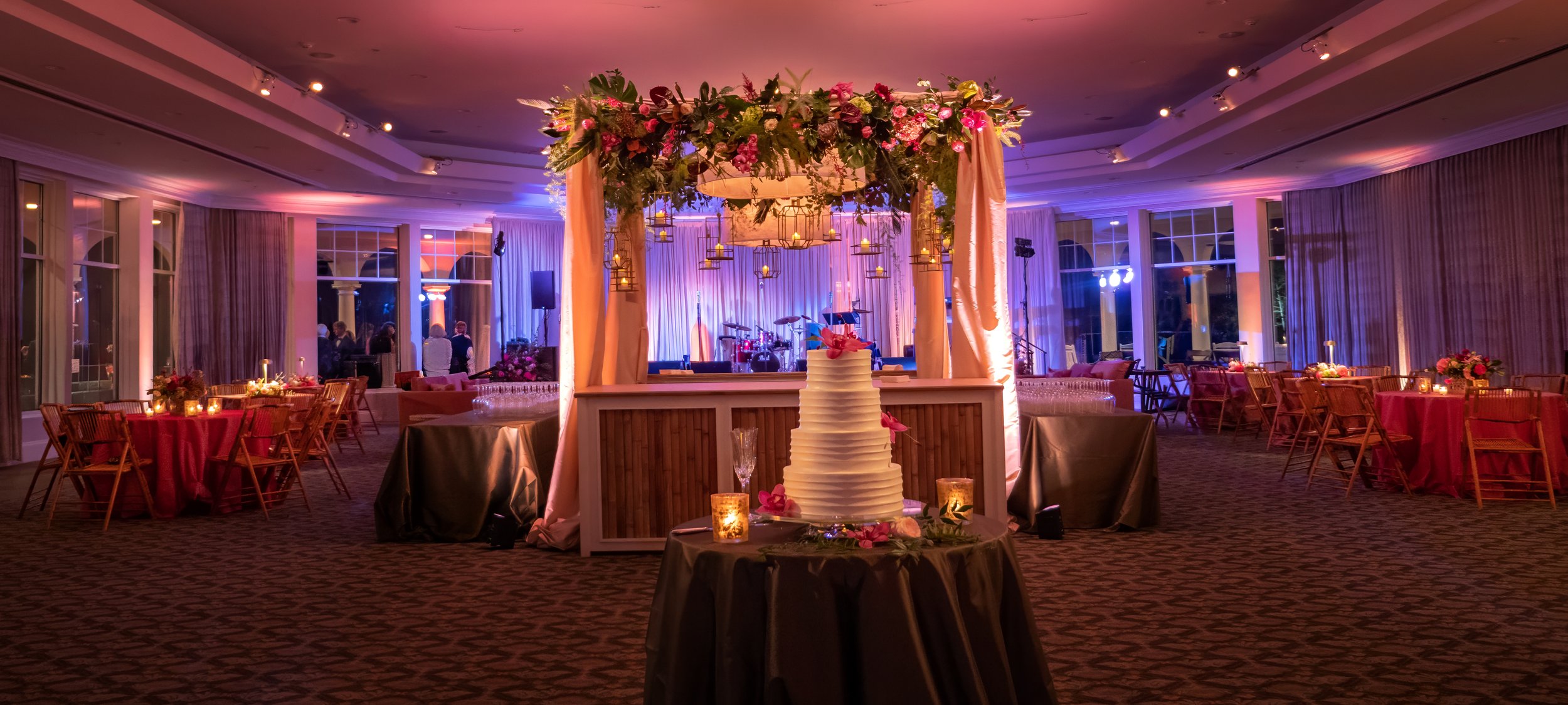 Wedding reception decorations in a ballroom at Pinehurst Resort.