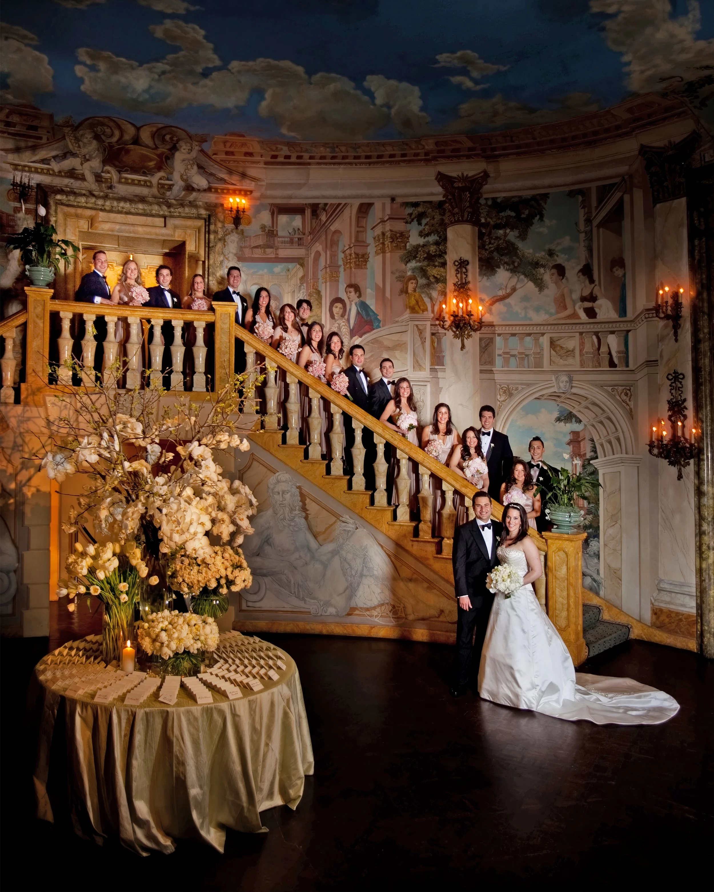 Large Wedding Party Group Portrait on Rotunda Staircase