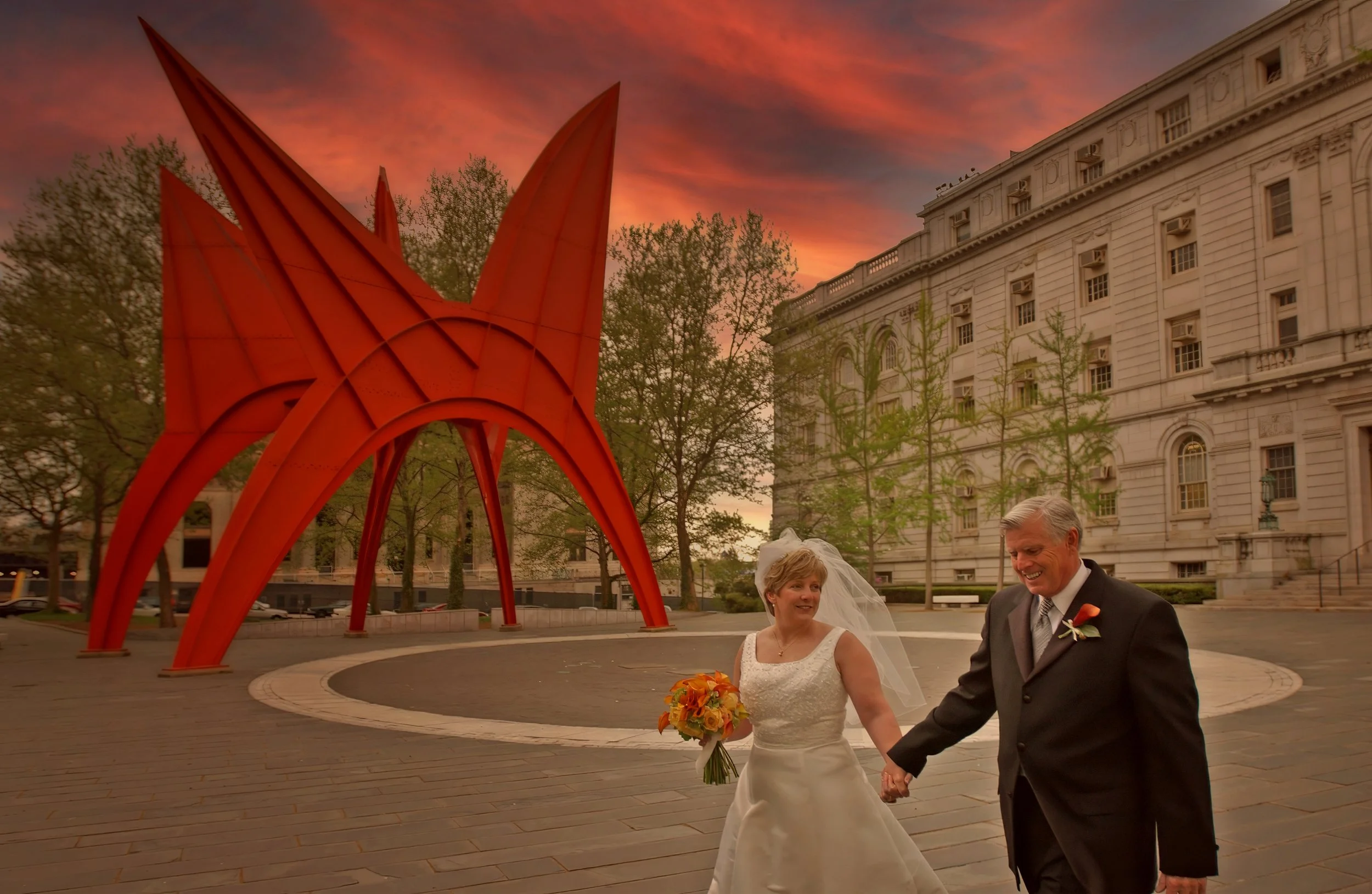 Bride and Groom Walking Through Burr Mall