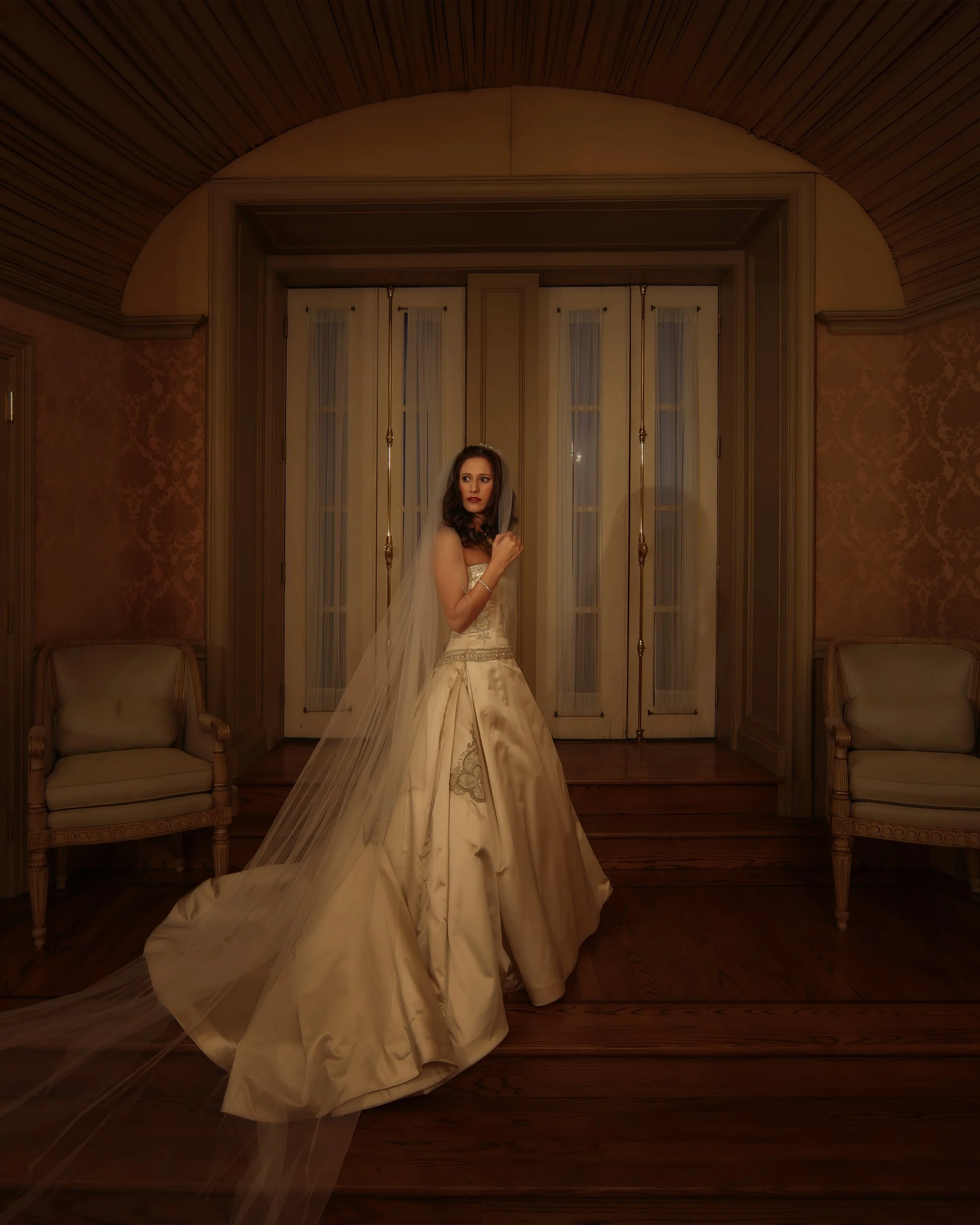 Elegant dark and luxurious bridal portrait created in a historic salon at Oheka Castle