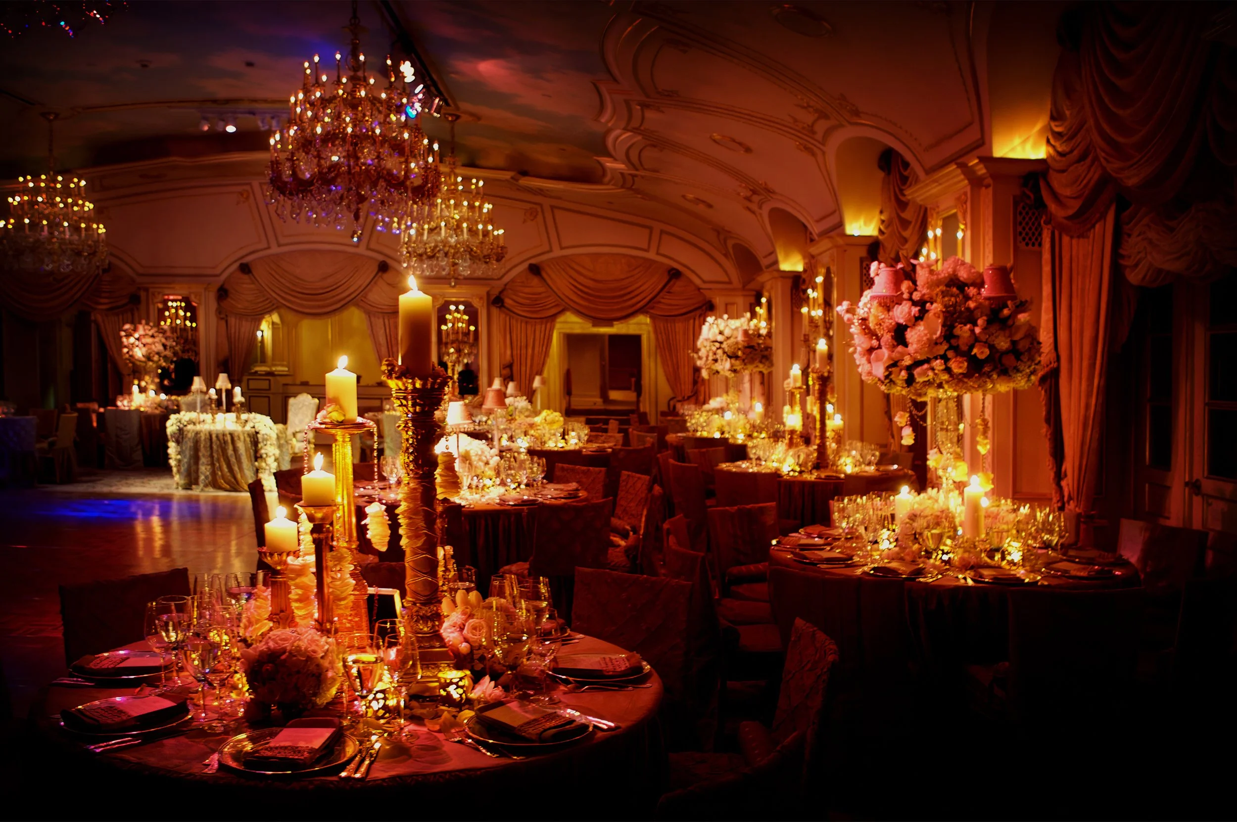 Ballroom Reception Tables with Florals and Candelabras at St. Regis New York