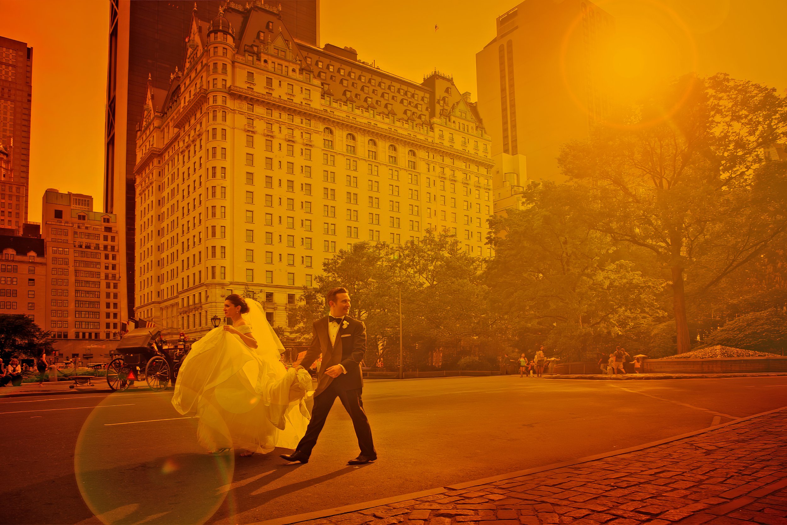 Bride and Groom Walk Through Army Plaza Manhattan NYC