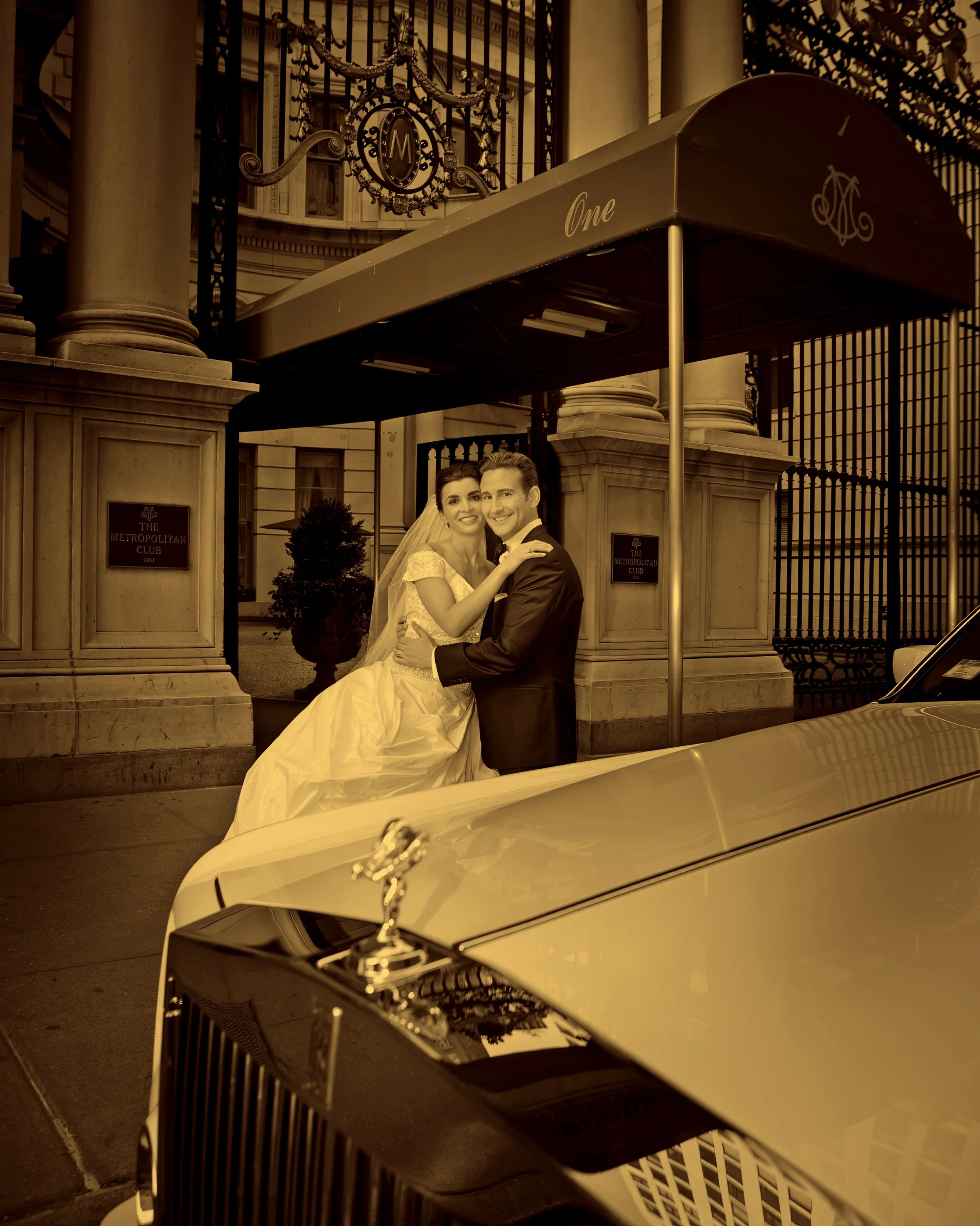 Bride and Groom Portrait in Front of Metropolitan Club NYC with Rolls Royce