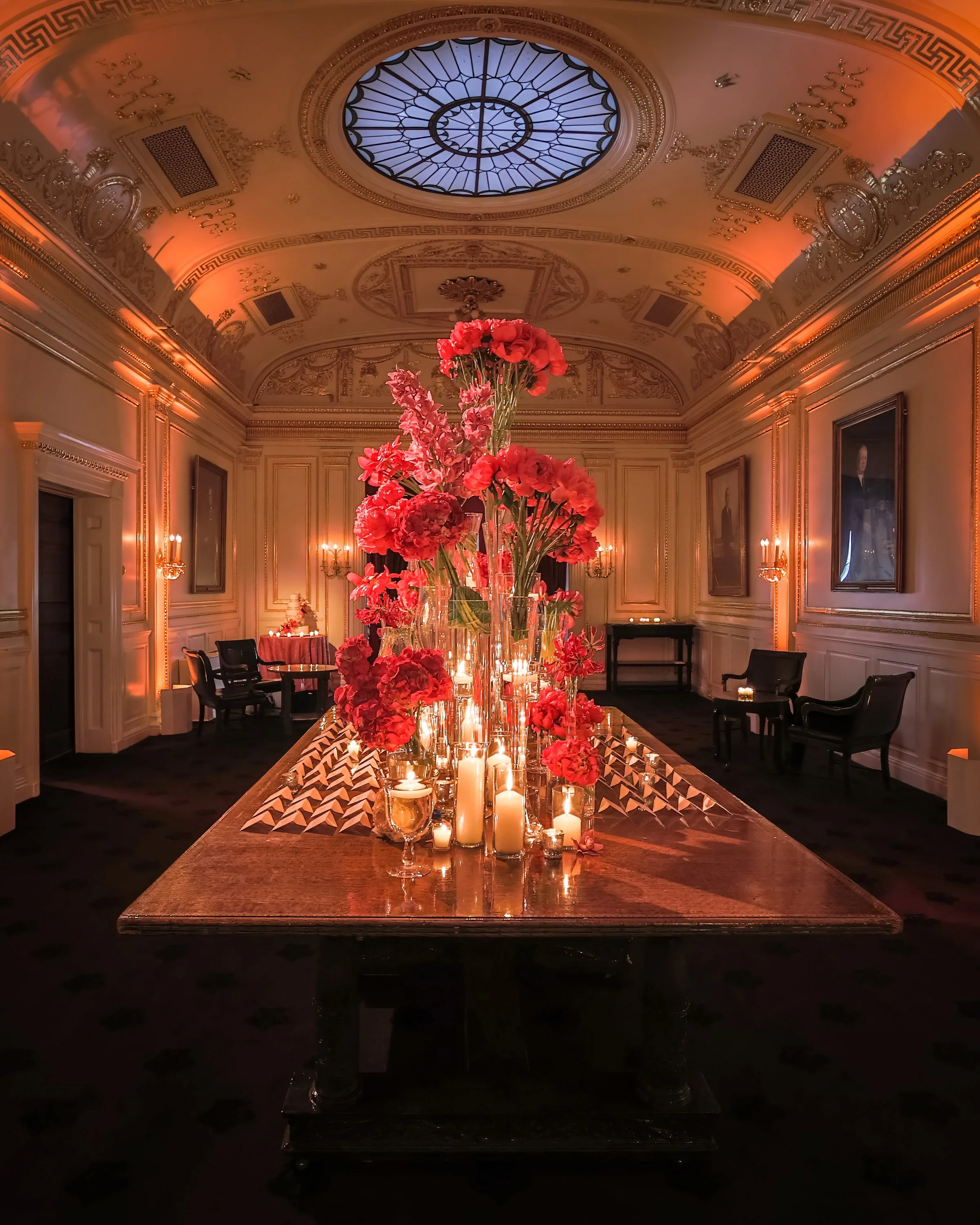 Candlelit receiving table in the foyer at the Metropolitan Club NYC wedding reception