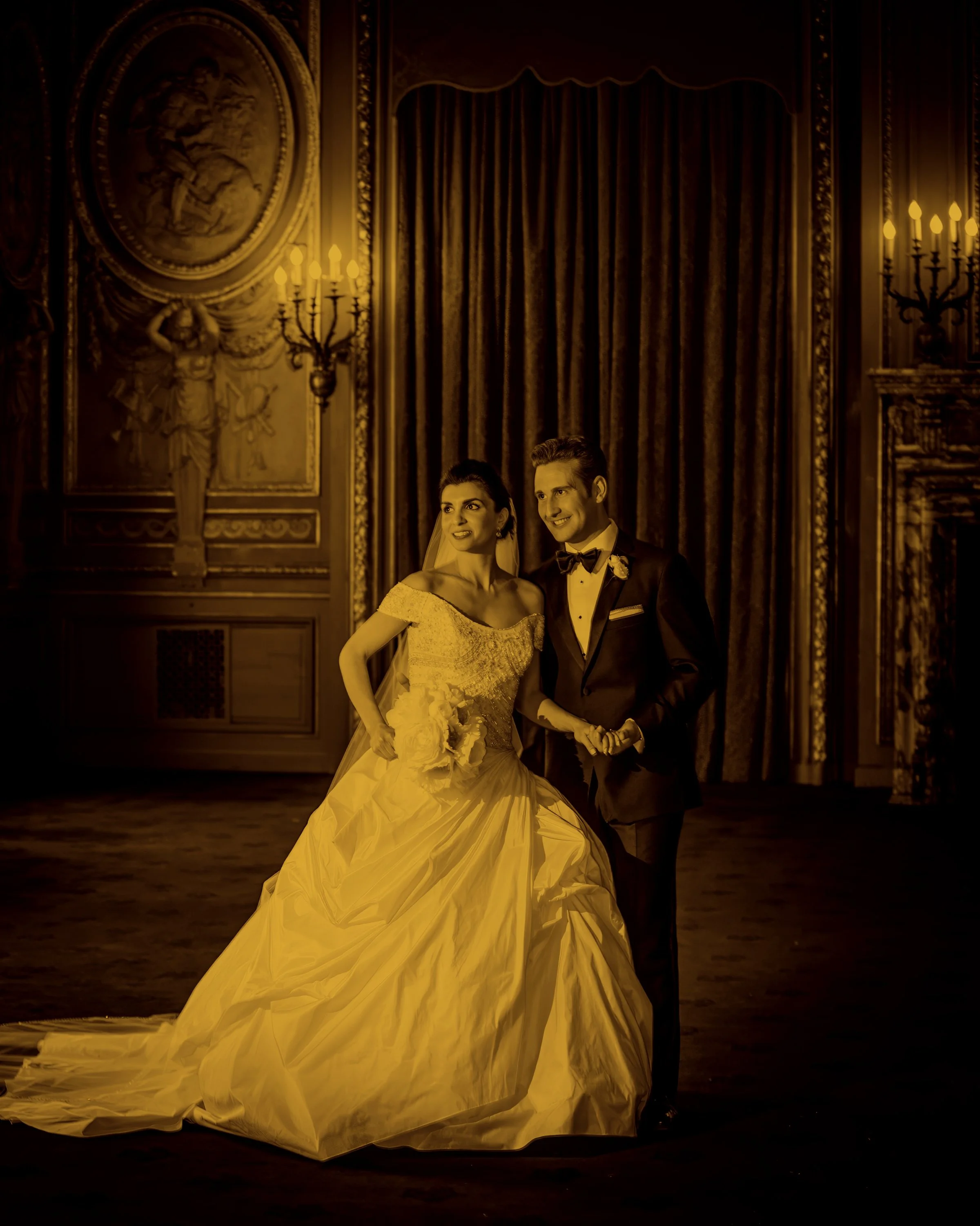 Fine Art Split-Toned Bride and Groom Portrait in Metropolitan Club Salon