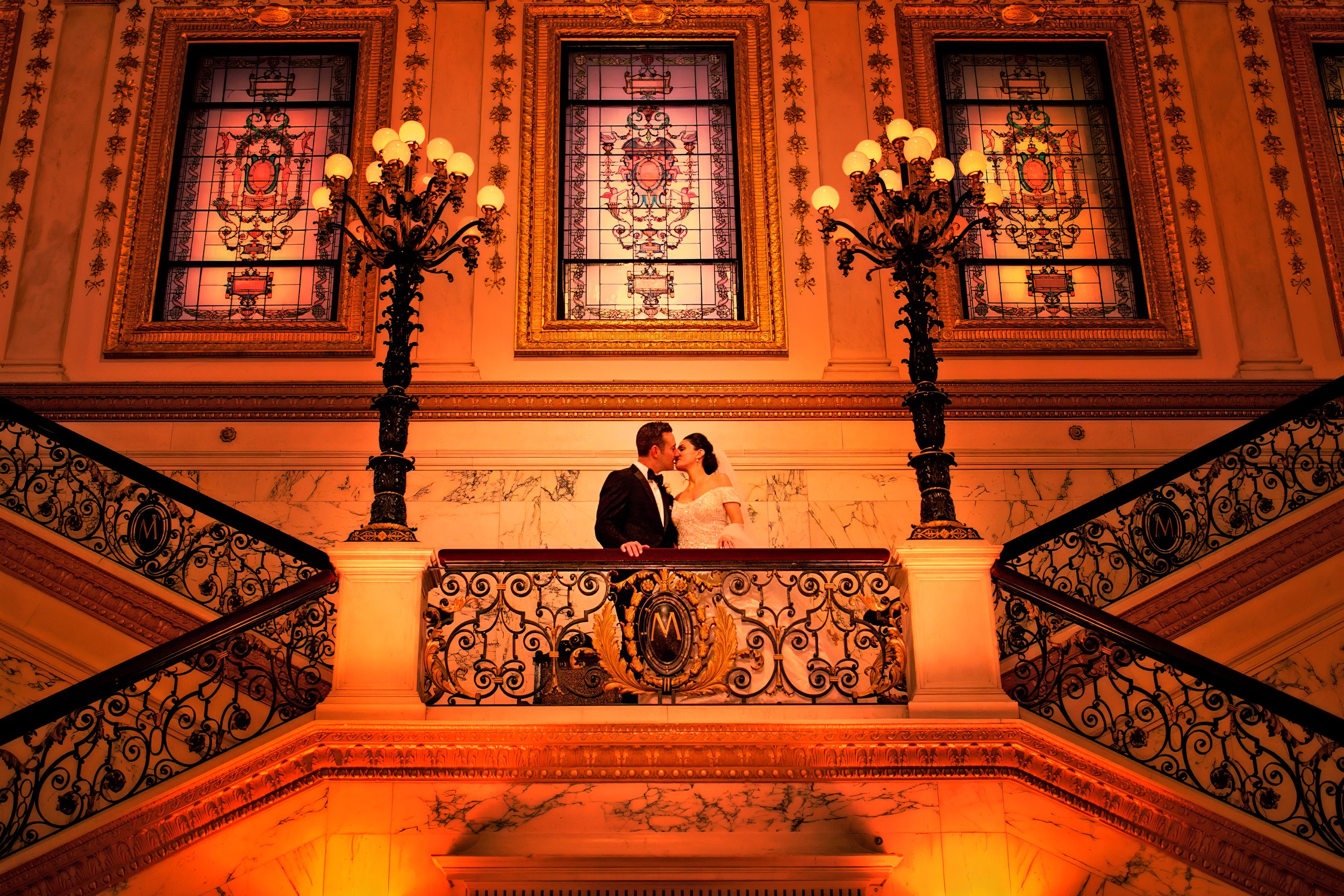 Bride and Groom Portrait on Mezzanine of Grand Staircase at Metropolitan Club NYC