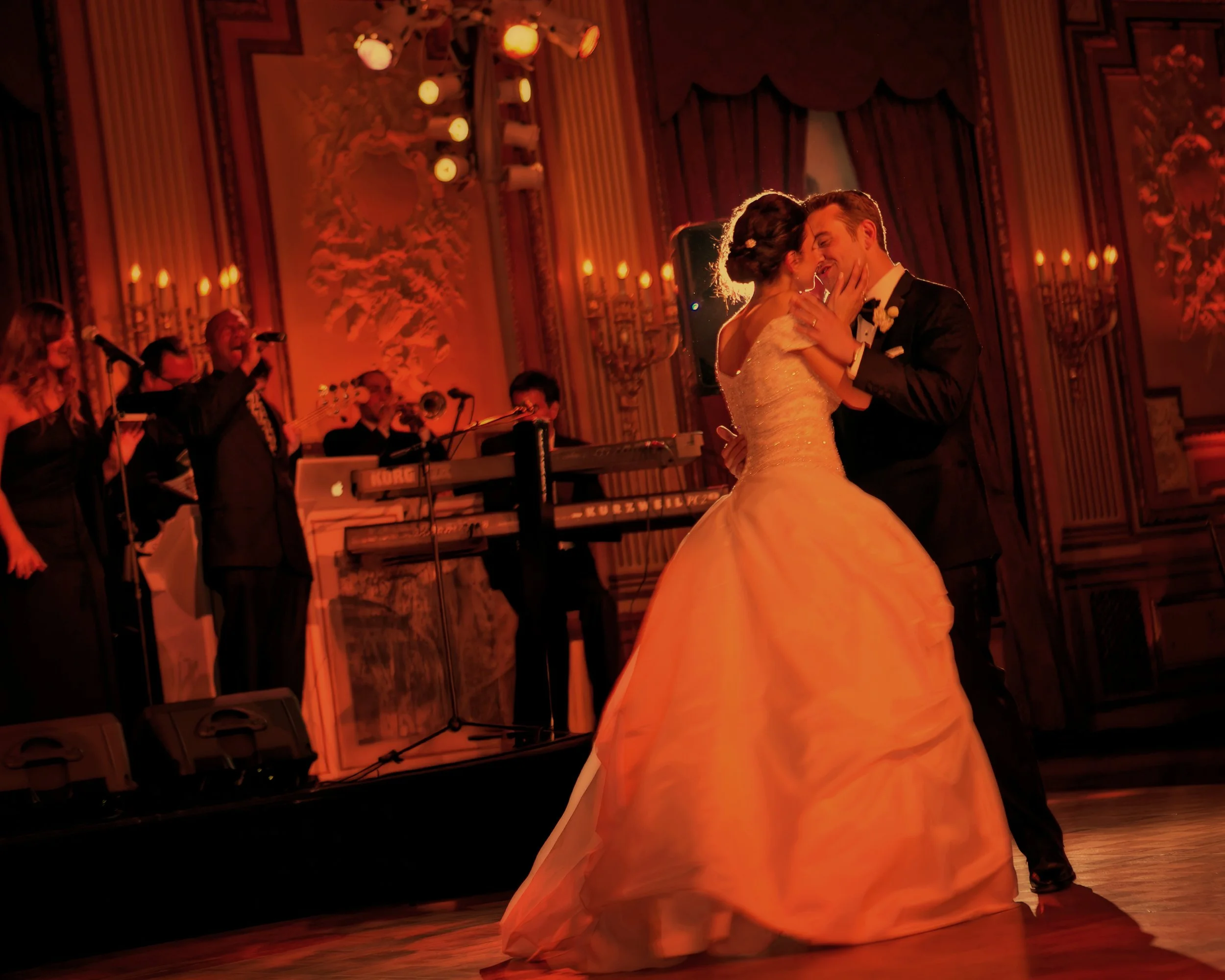 Bride and Groom Rim Light Kiss on Ballroom Dance Floor at Metropolitan Club NYC