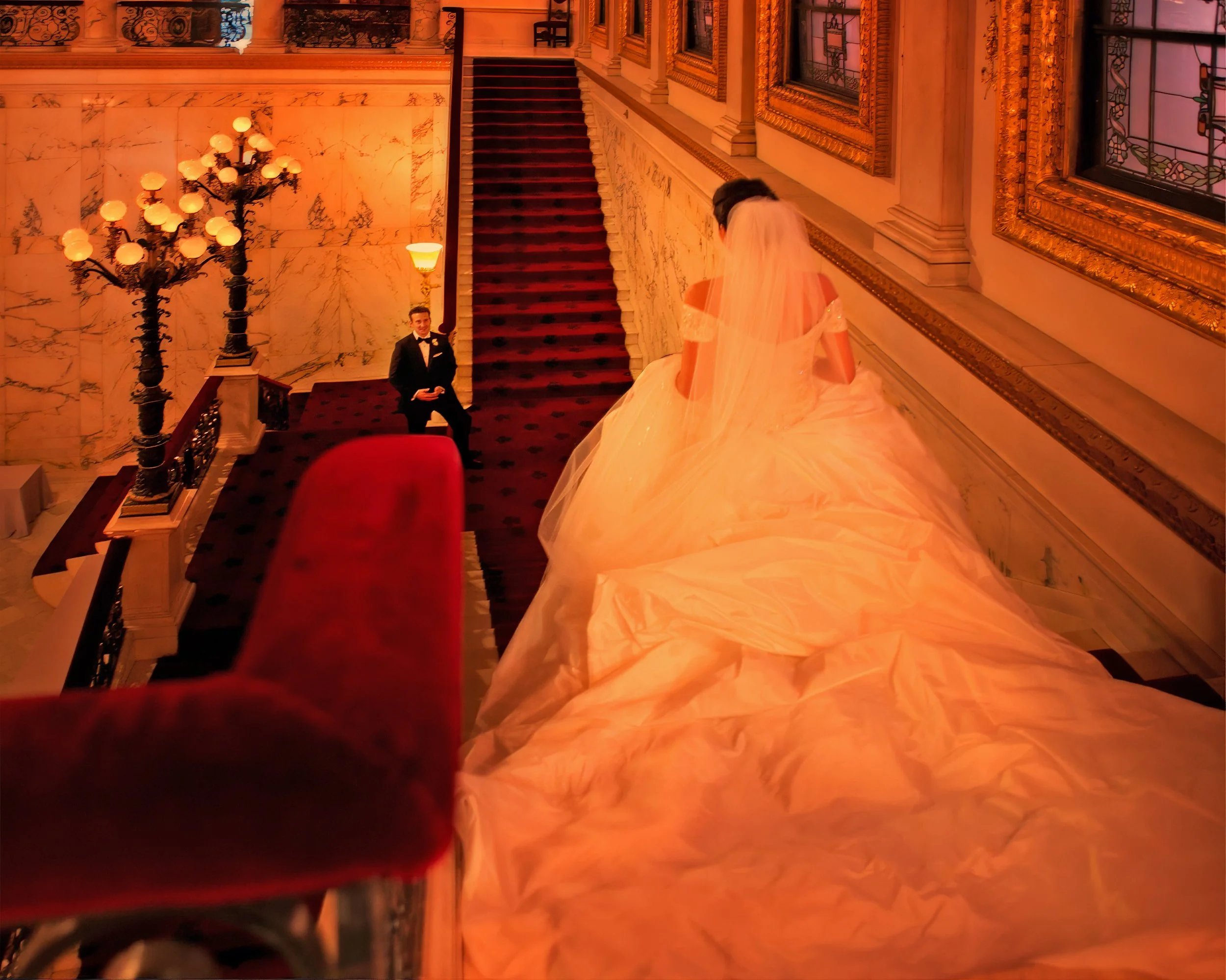 Bride and Groom First Look on Grand Staircase at Metropolitan Club NYC