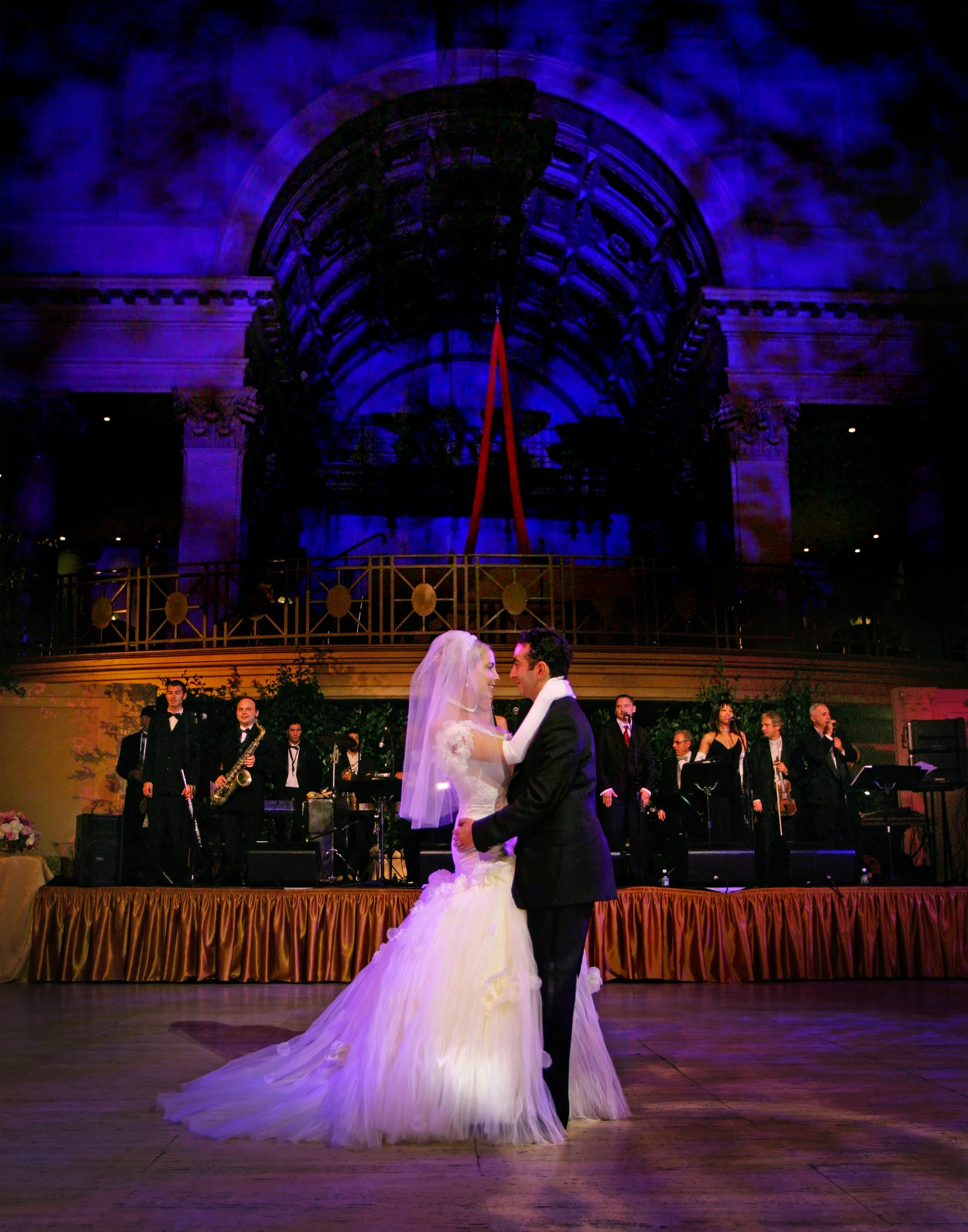 Bride and groom first dance in Cipriani Wall Street ballroom with live wedding band NYC.