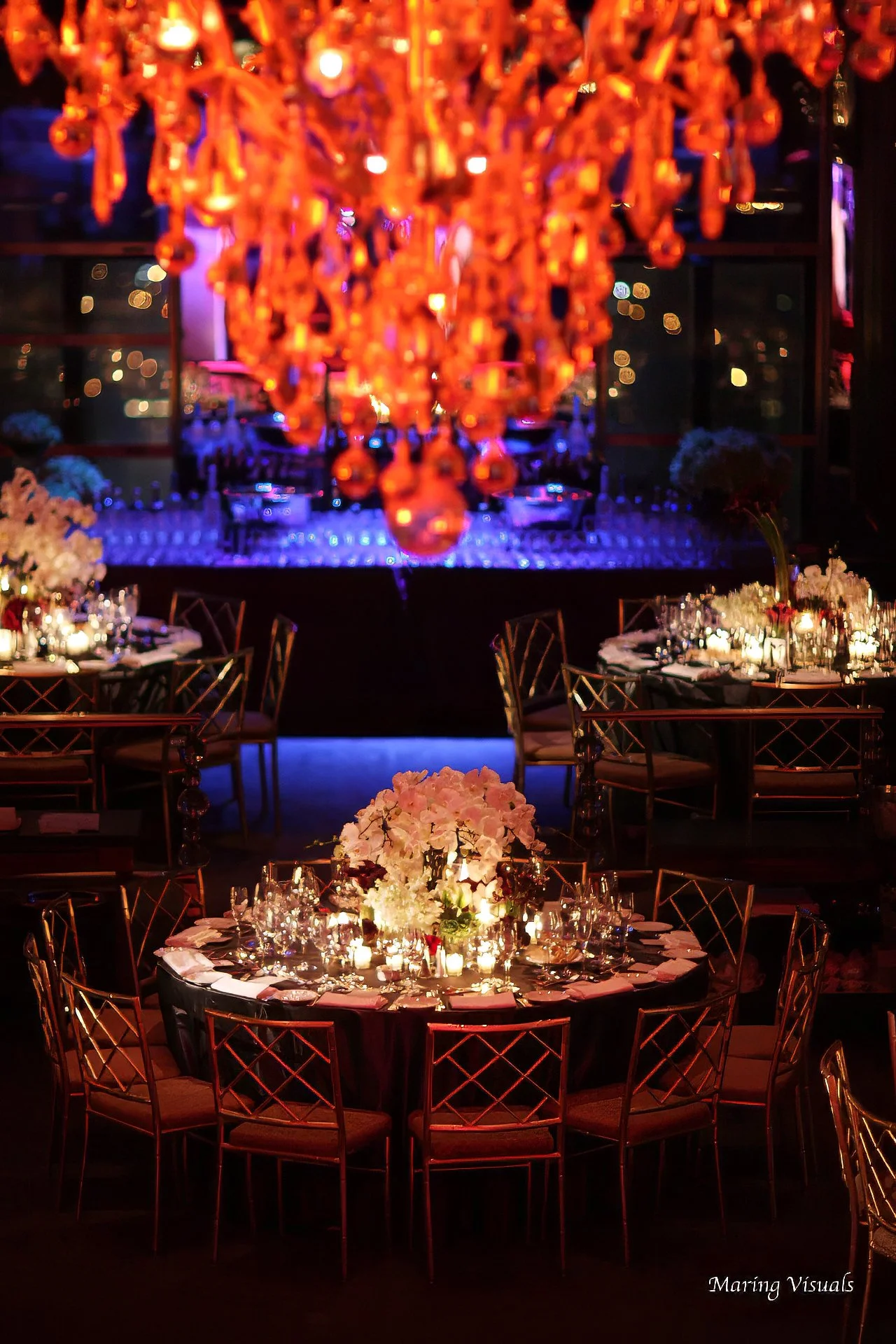Elegant ballroom decor set for a Rainbow Room wedding reception.