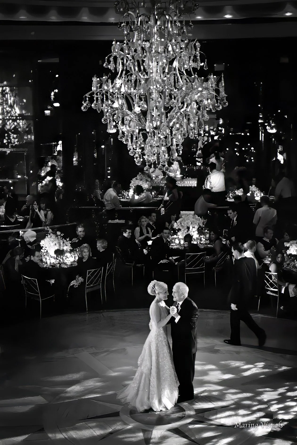 Bride and her father share a thoughtful dance at a Rainbow Room NYC wedding reception.