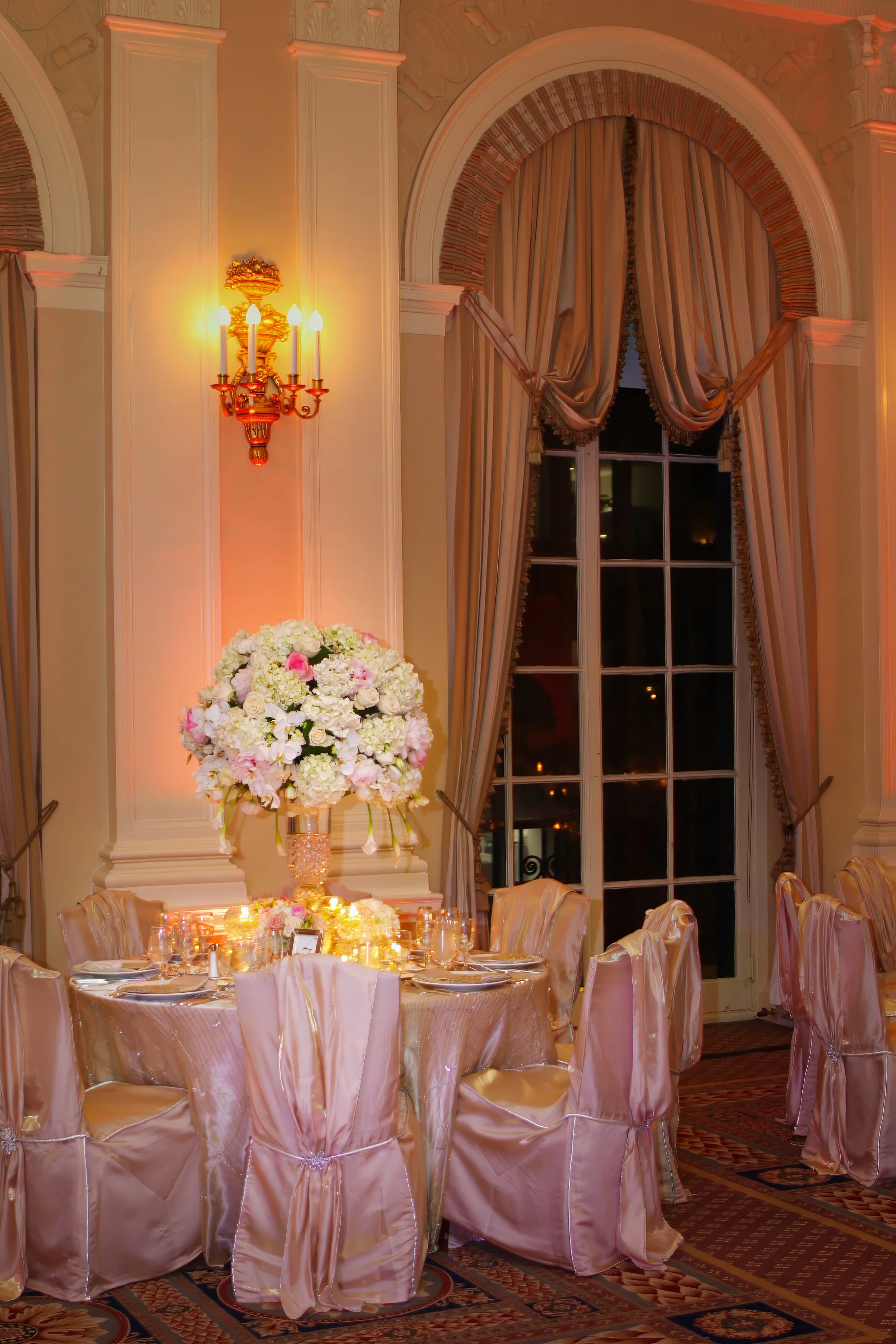 Floral Centerpiece by Ballroom Bay Windows at Yale Club NYC