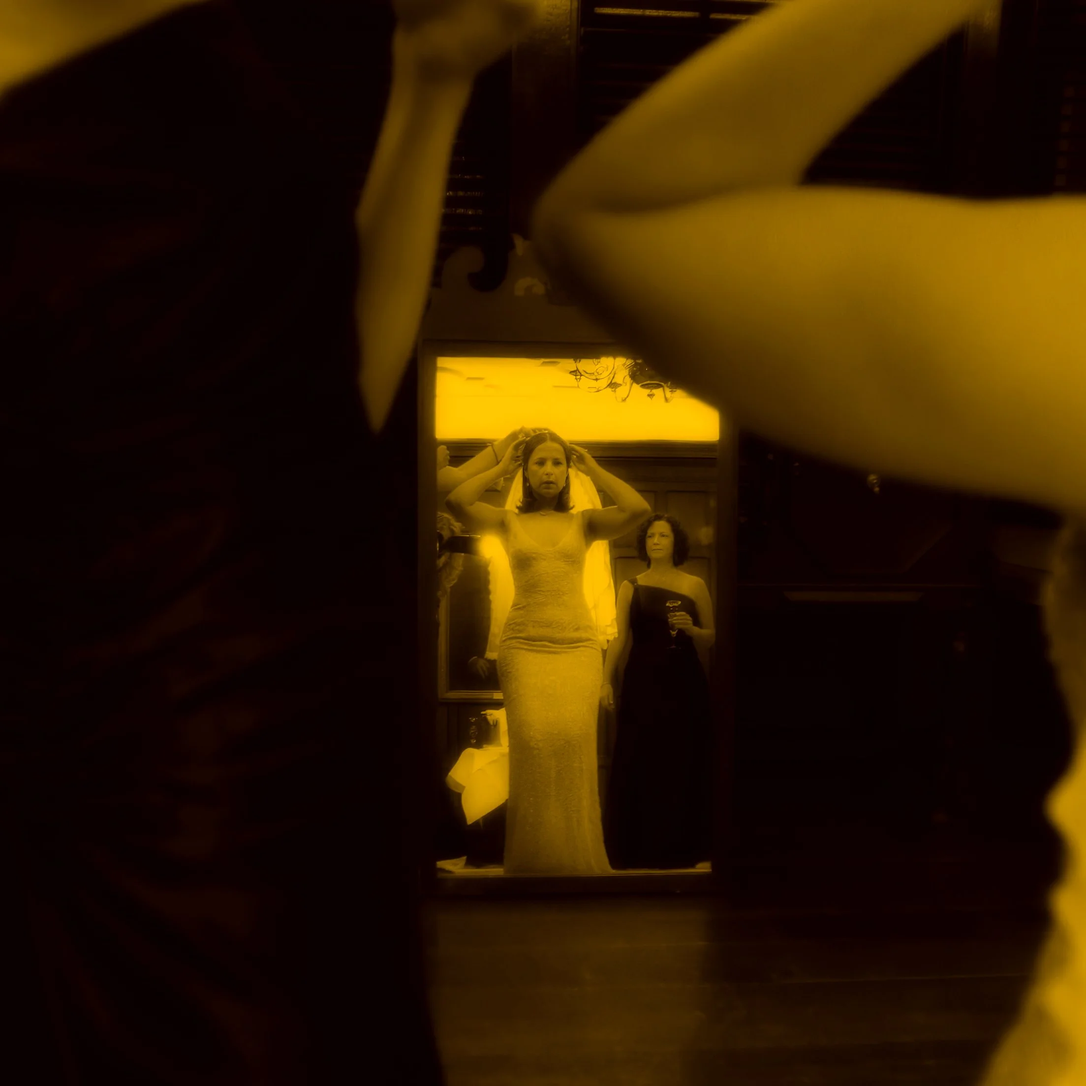 Bride Prepares in Mirror at Harvard Club NYC