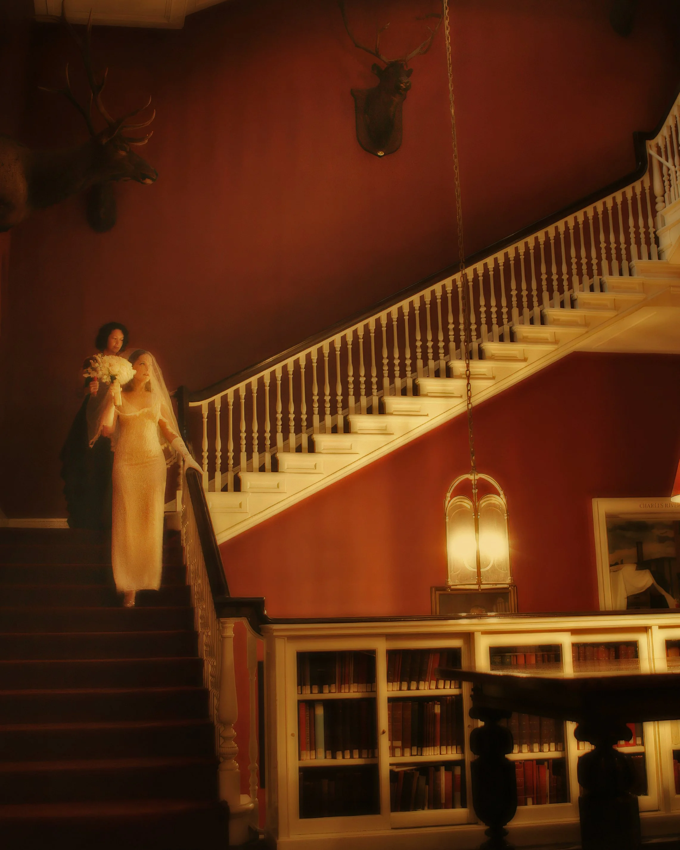 Bride Descends Grand Staircase at Harvard Club NYC