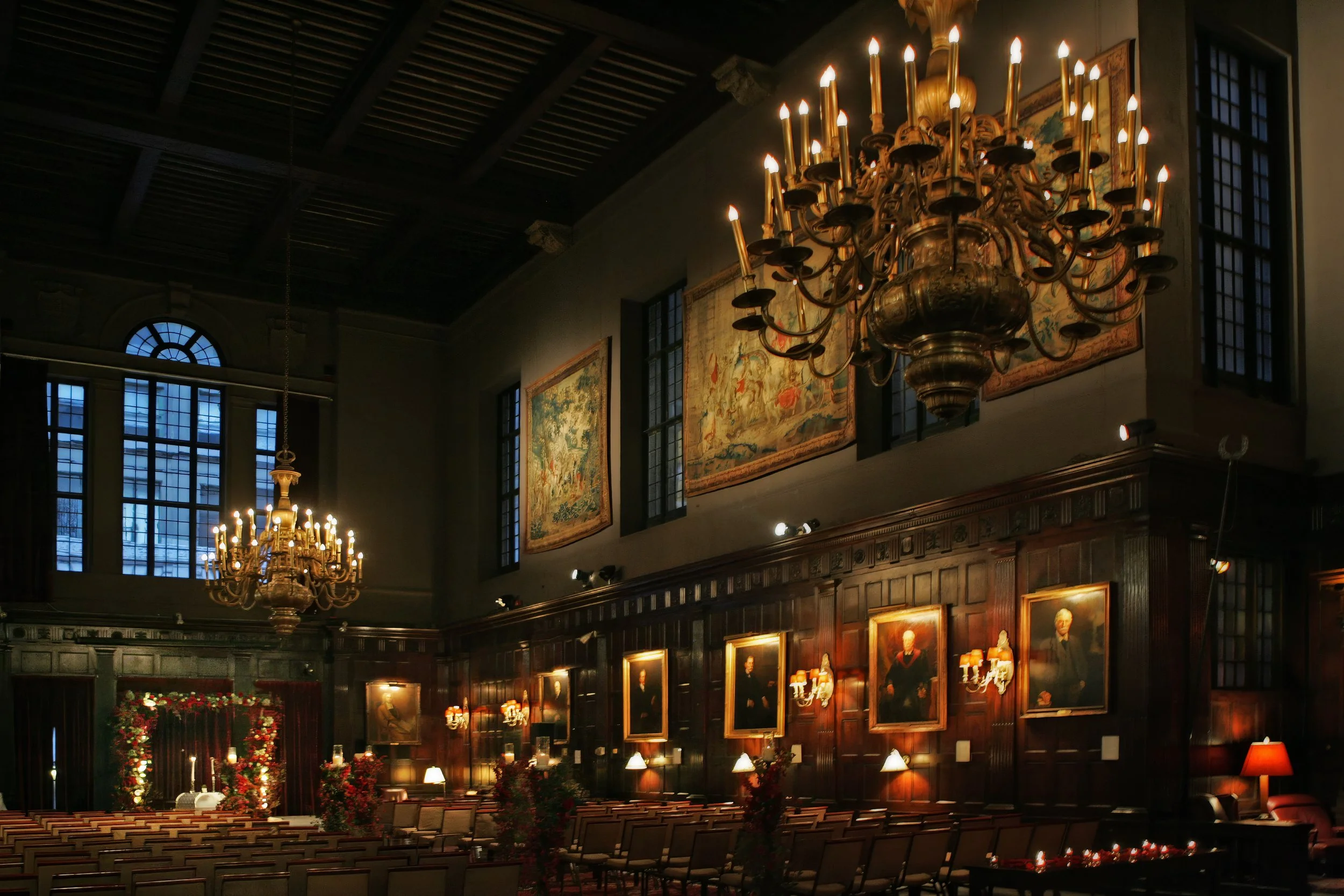 Sweeping view of Harvard Hall set for a wedding ceremony at the Harvard Club NYC.
