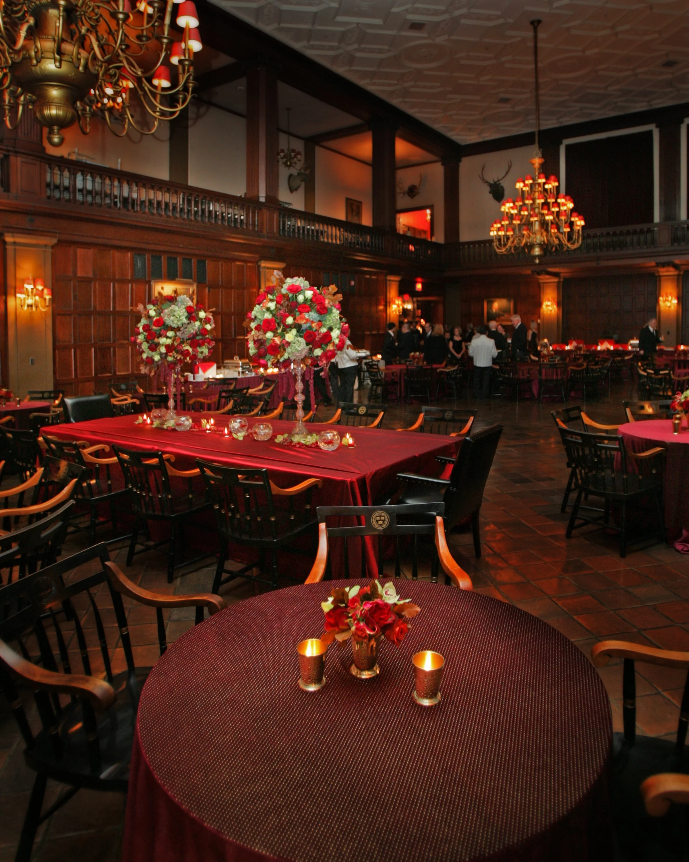 Wide-angle view of the Main Dining Room set for a wedding reception at the Harvard Club NYC.