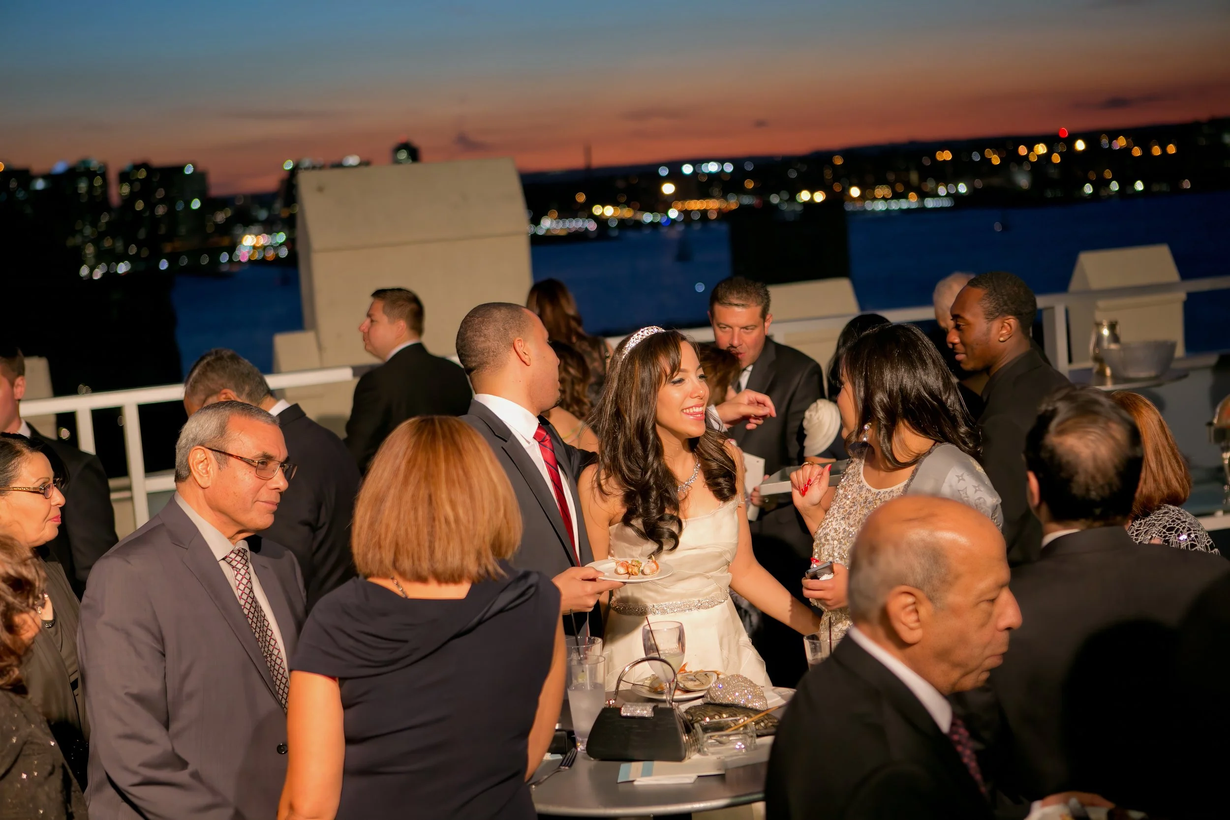 Bride Mingling with Guests at Tribeca Rooftop Cocktail Hour