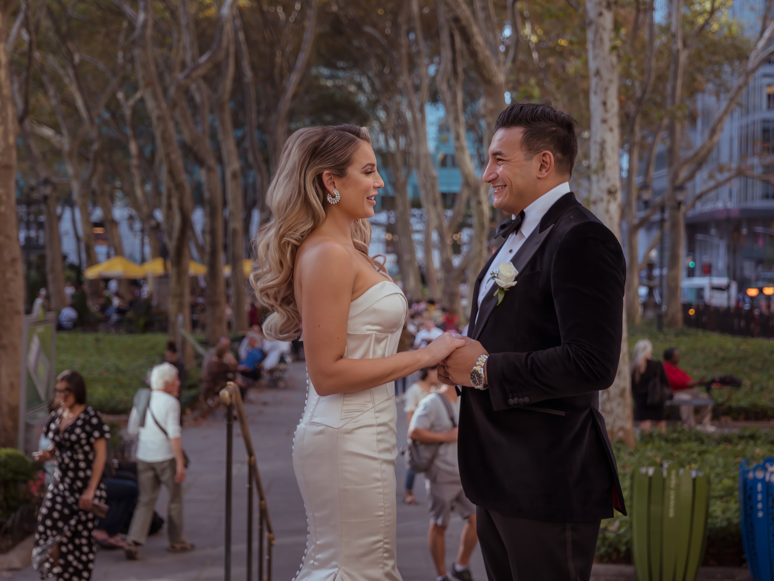Bride and groom portrait in Bryant Park before wedding at Bryant Park Grill Midtown Manhattan