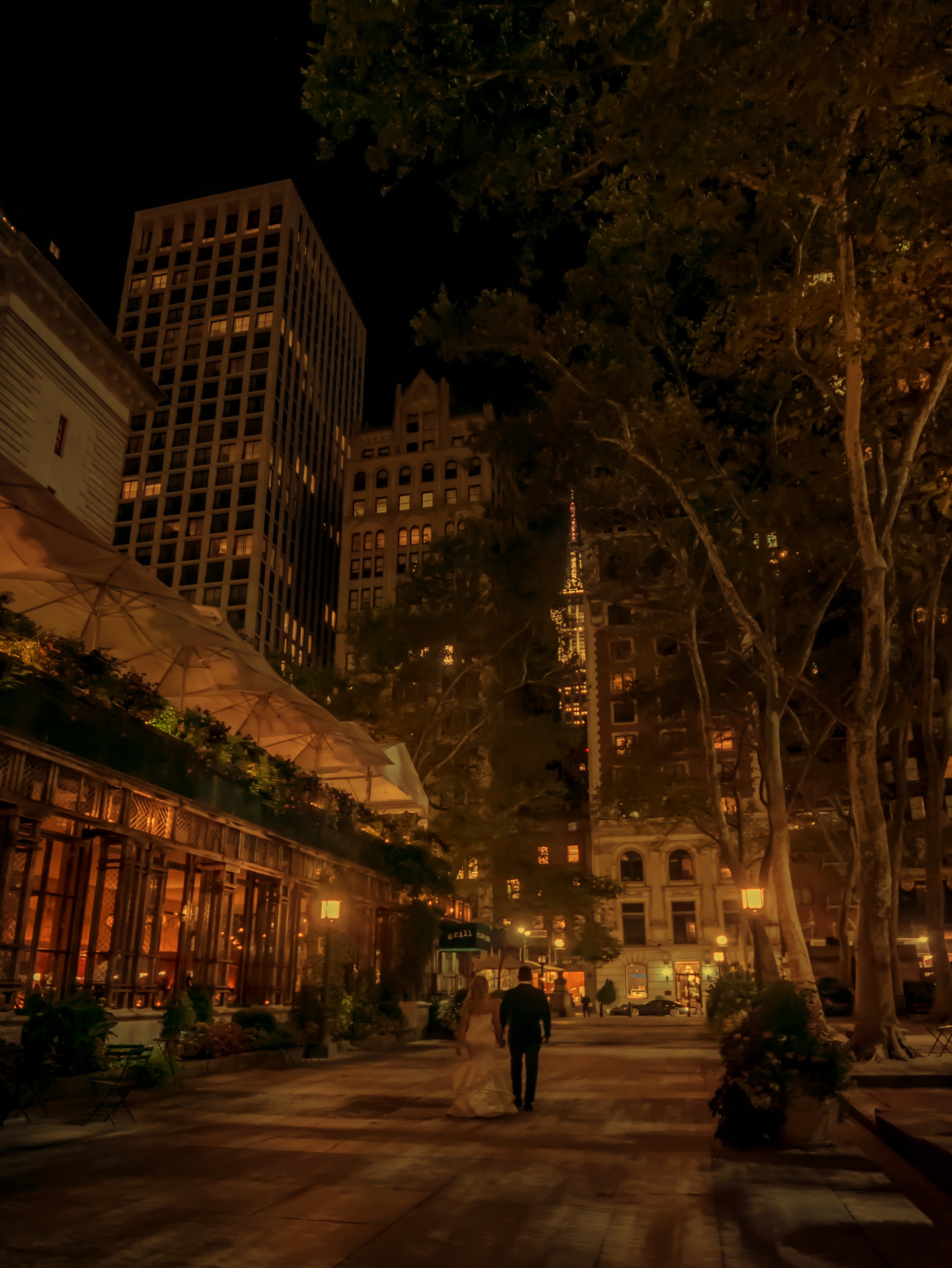 Bride and Groom Night Walk Outside Bryant Park Grill Midtown Manhattan Wedding