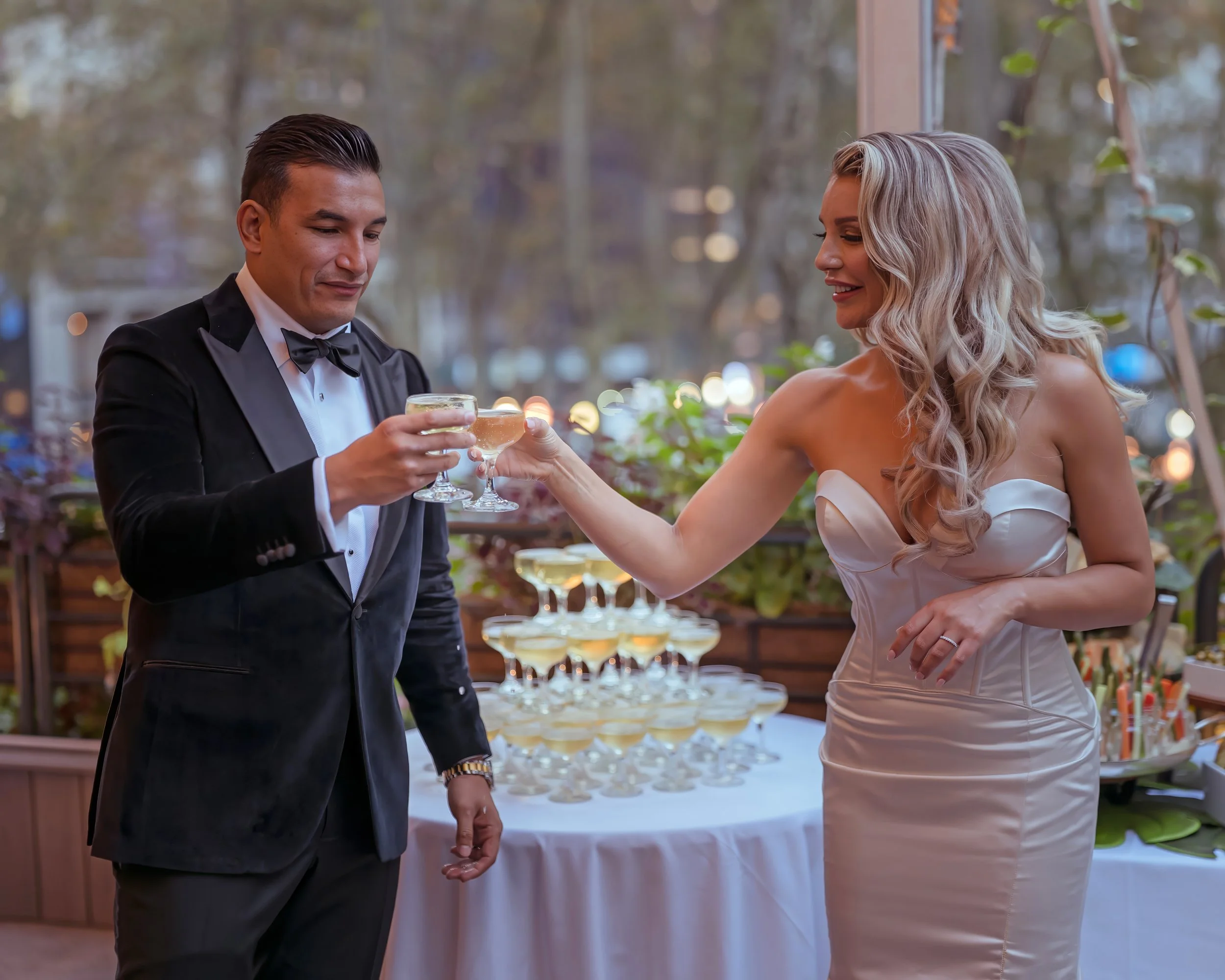 Bride and Groom Toast on Bryant Park Grill Terrace Midtown Manhattan