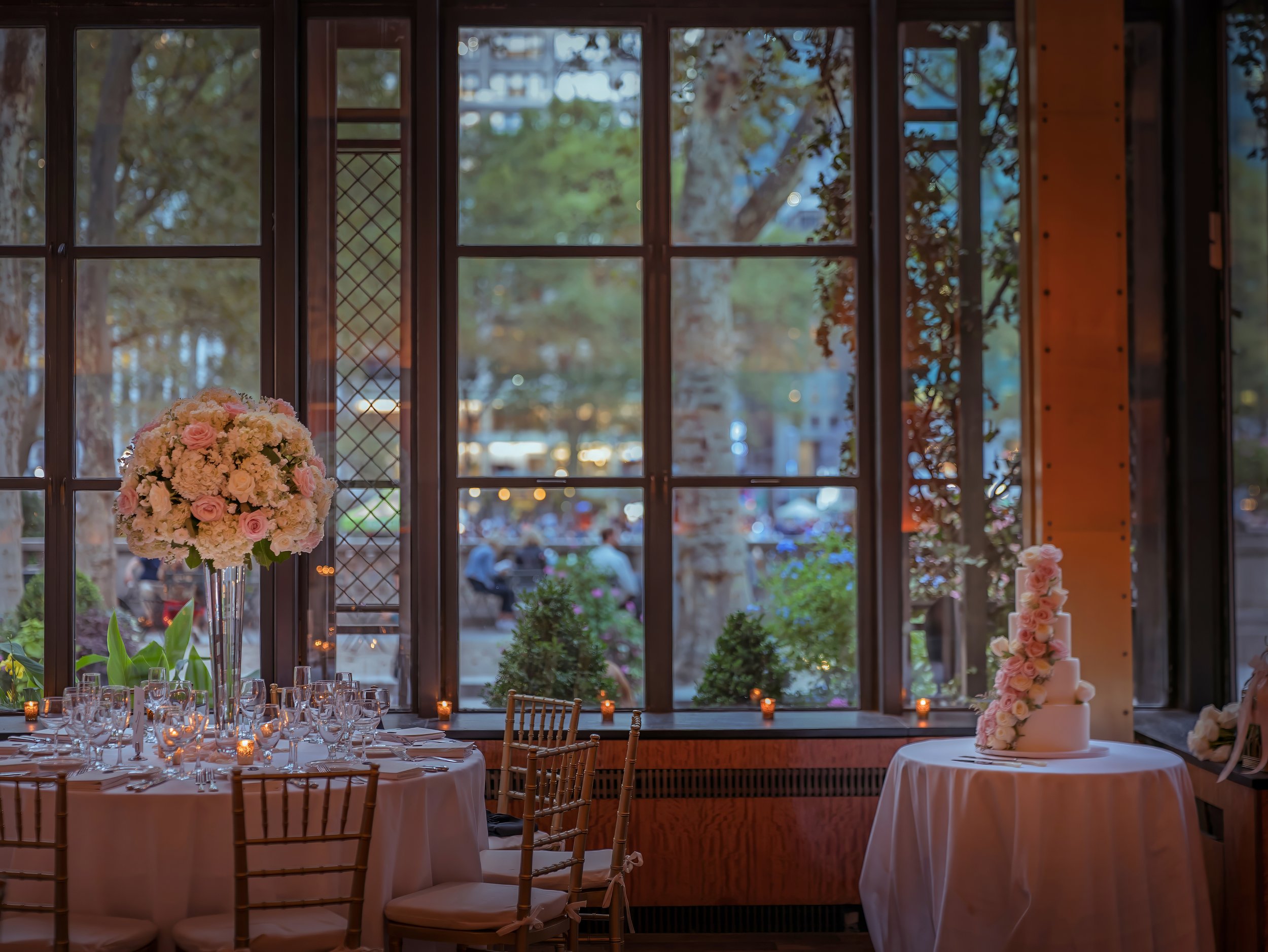 Wedding Cake and Floral Decor at Bryant Park Grill Ballroom NYC
