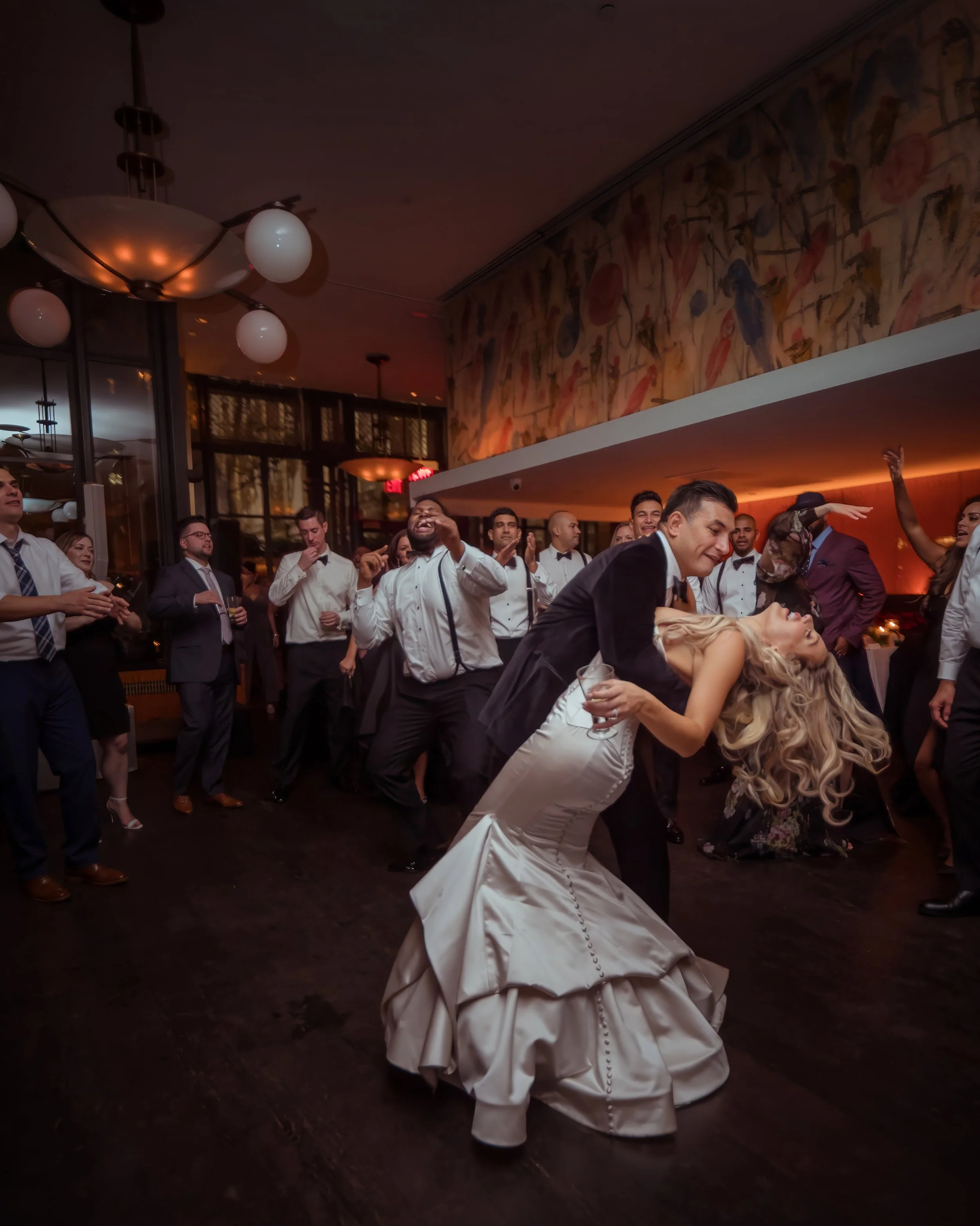 Bride and Groom Dance Dip at Bryant Park Grill Wedding Reception NYC