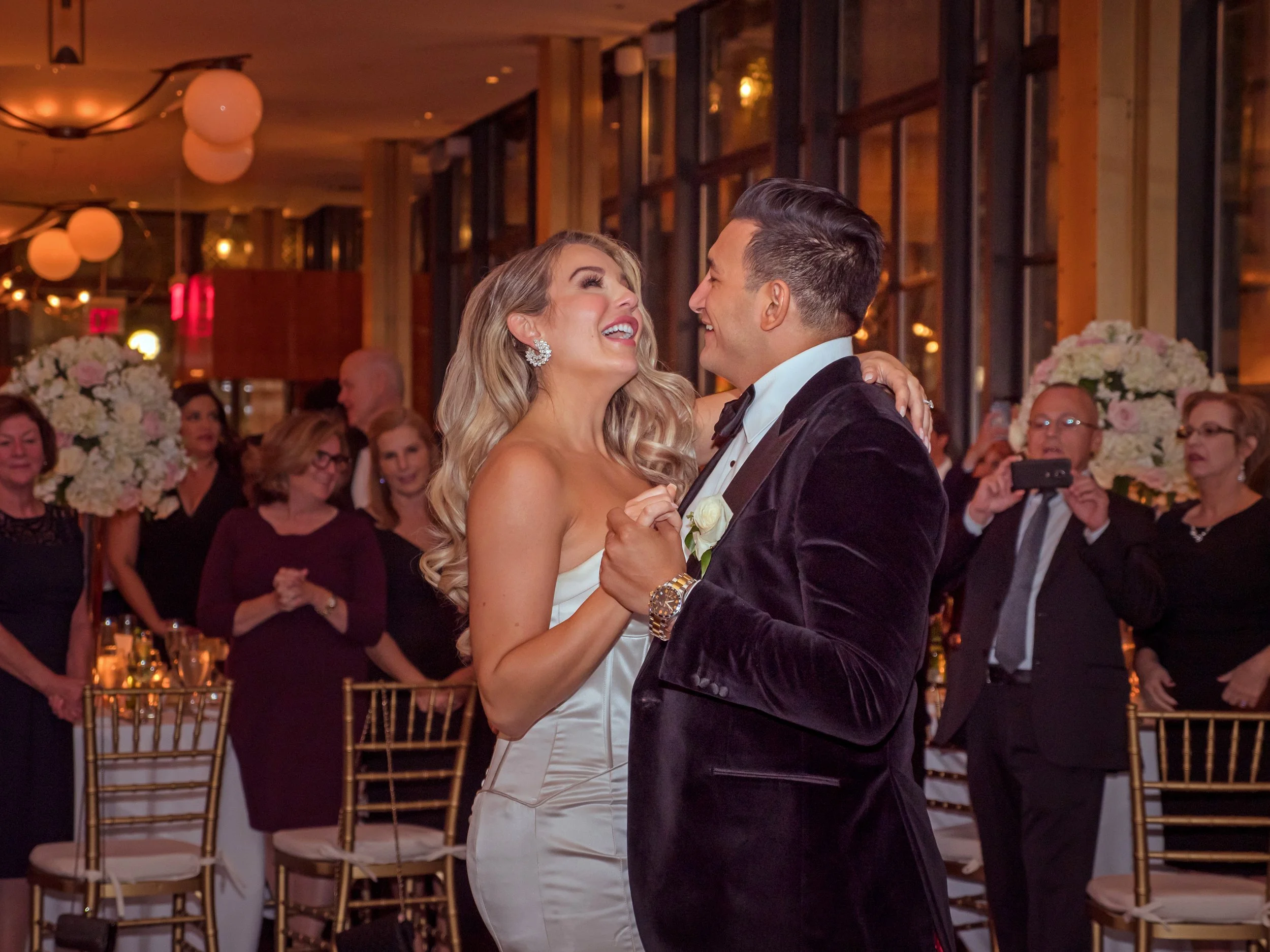 Closeup of bride and groom first dance at Bryant Park Grill wedding reception Midtown Manhattan