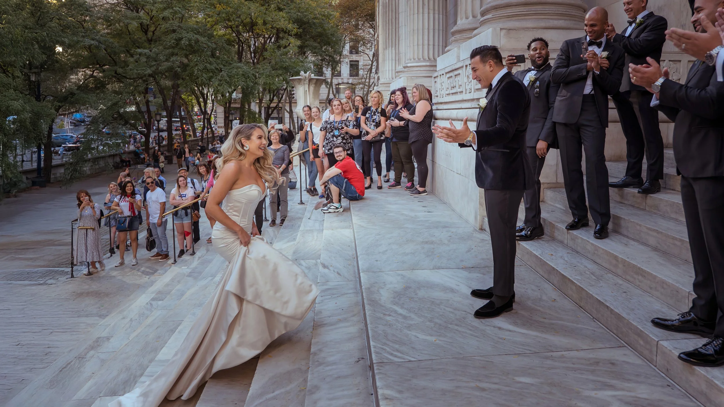 Dramatic First Look on the New York Public Library Steps NYC Wedding