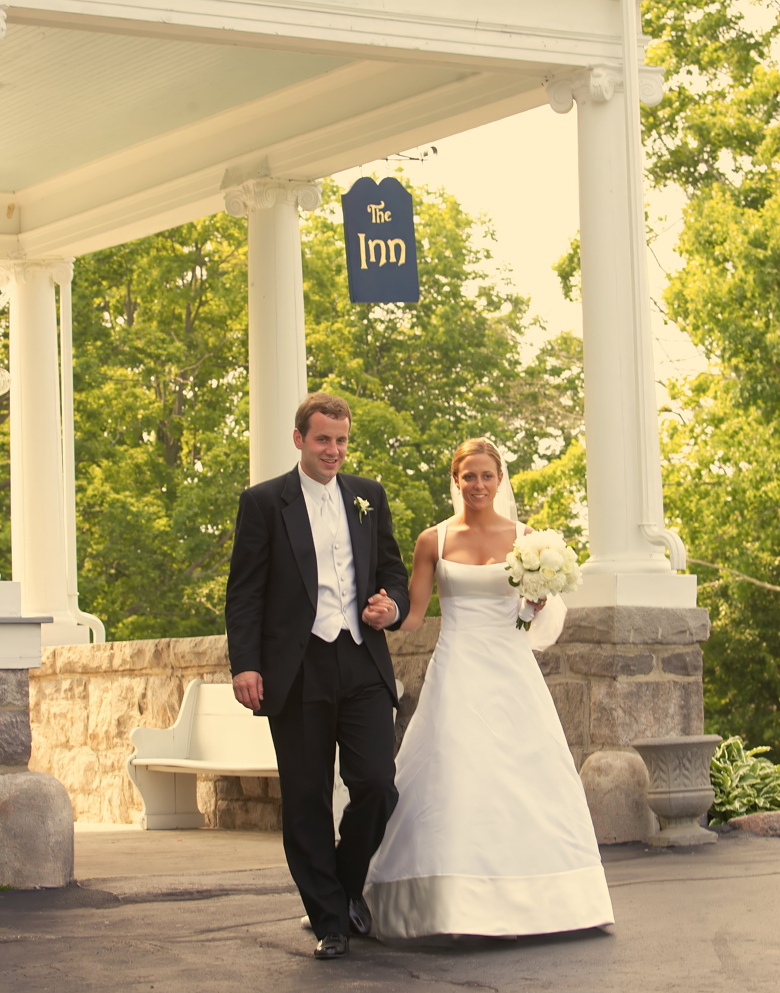 Couple Walking to Garden Lawn at Inn at Mystic Wedding