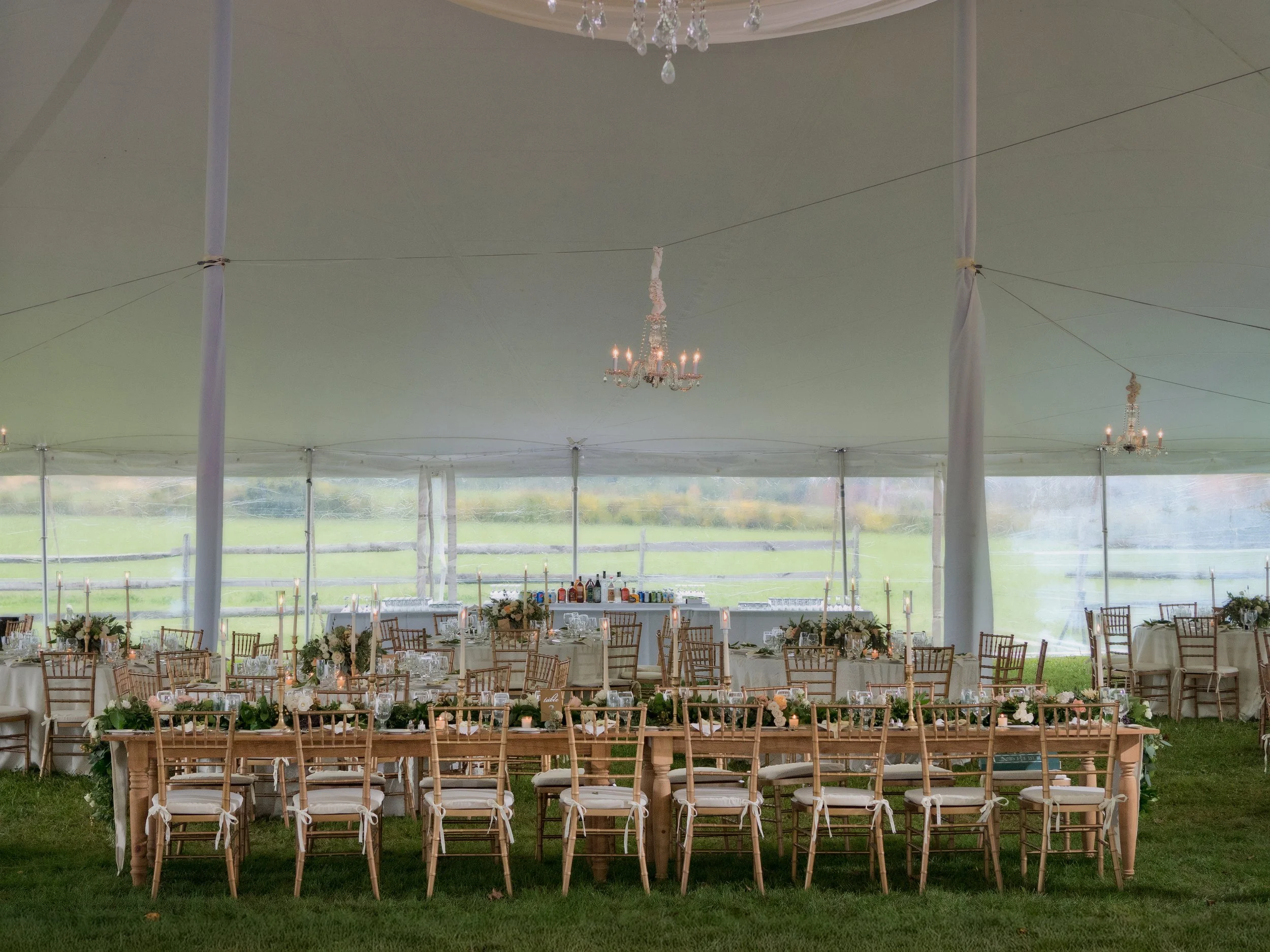 Wedding Reception Decor Wide View Under Tent at Lion Rock Farm