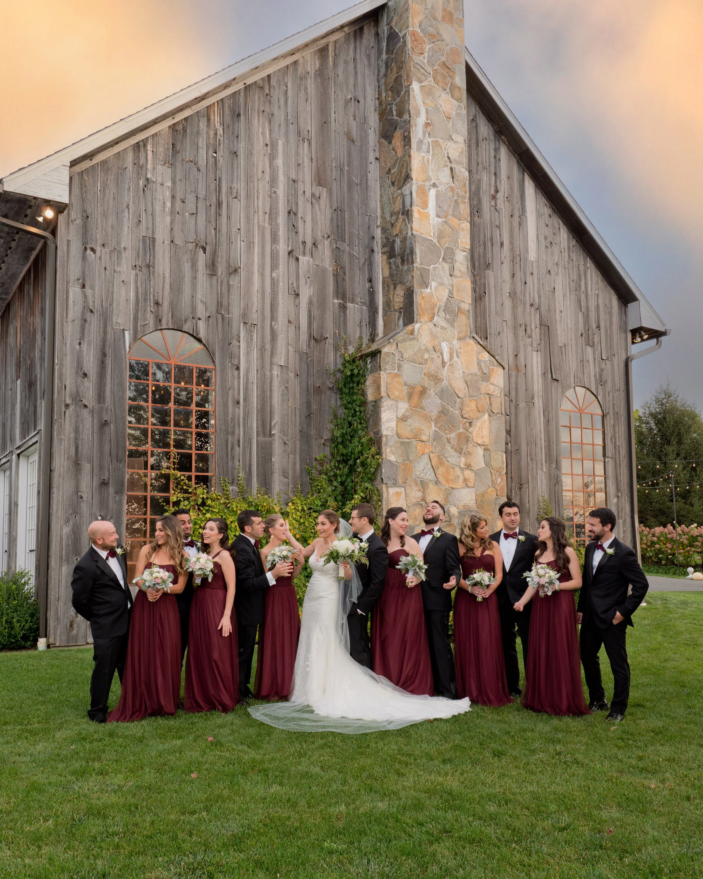 Wedding Party Portrait in Front of Barn at Lion Rock Farm
