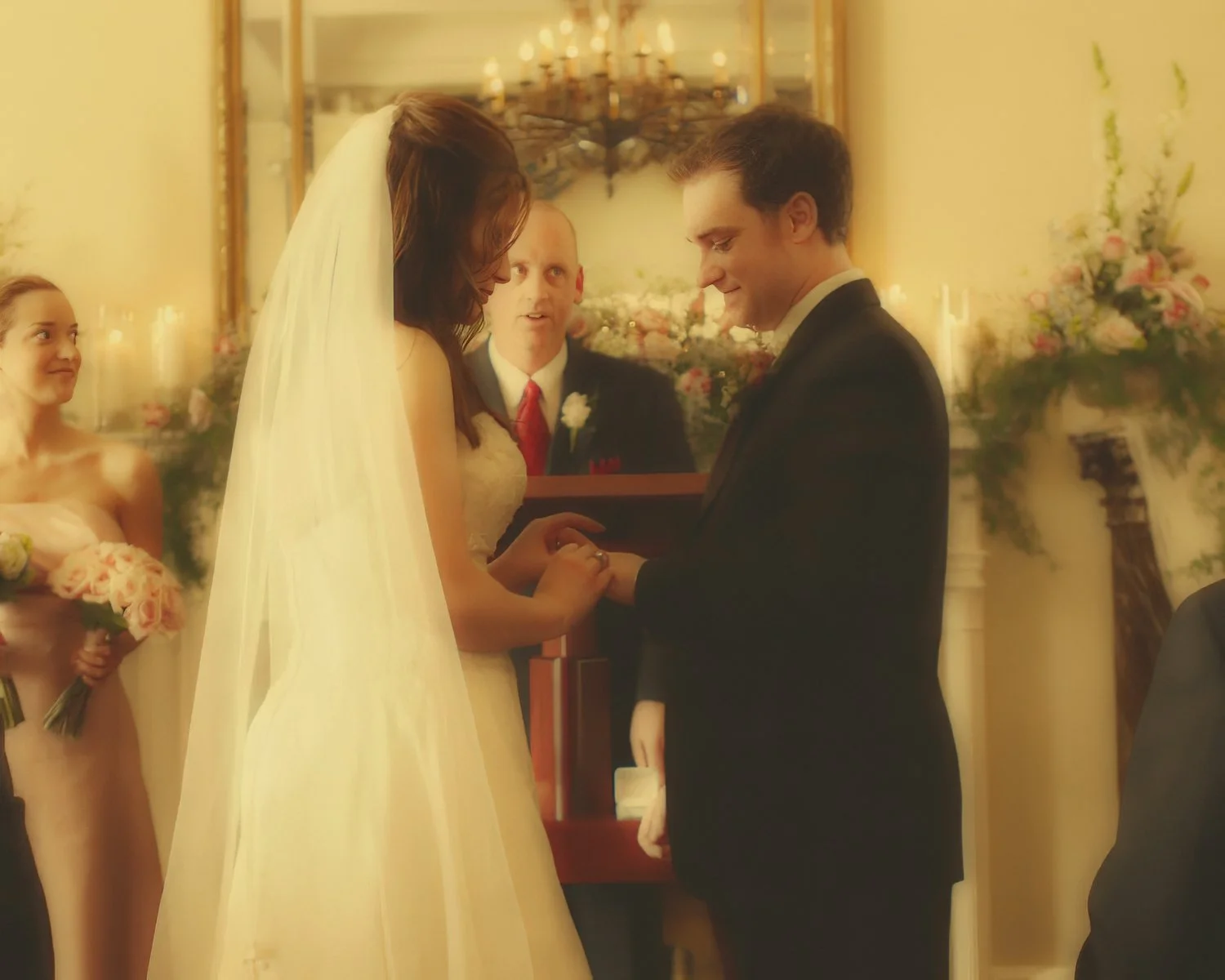 Bride and groom exchange rings during wedding ceremony in the west wing of Wadsworth Mansion Connecticut