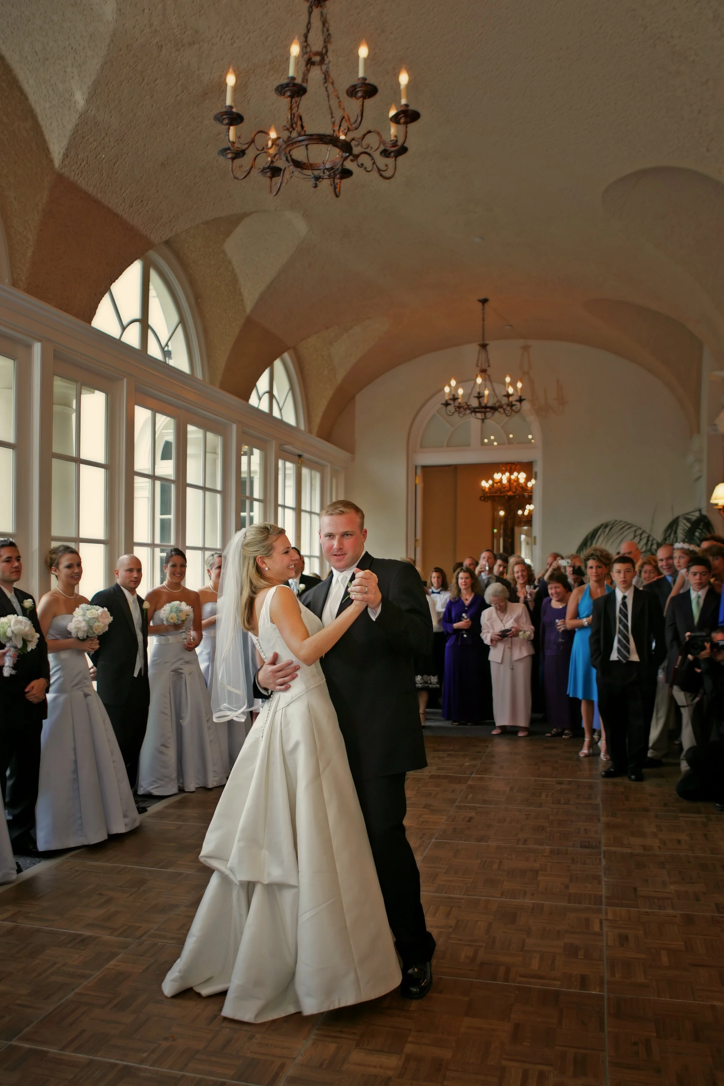 Bride and groom first dance at wedding reception inside Wadsworth Mansion elegant ballroom