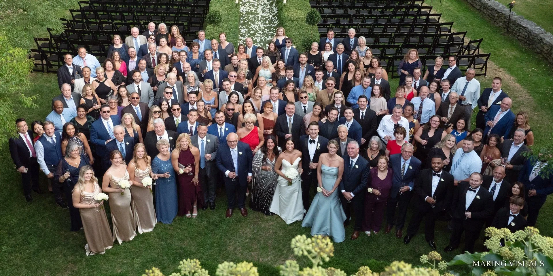Group Wedding Photo from Above at Lord Thompson Manor