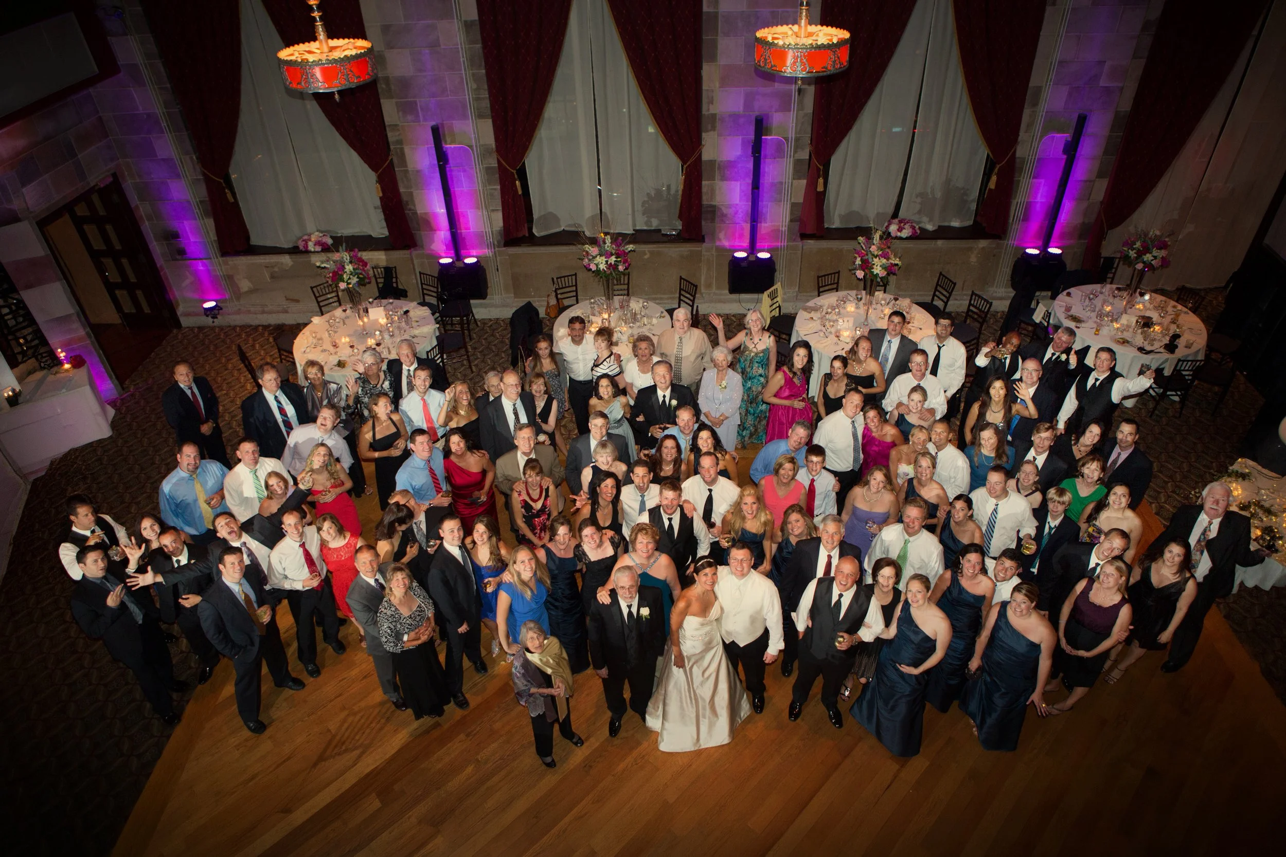 Balcony group portrait of wedding guests at The Society Room of Hartford