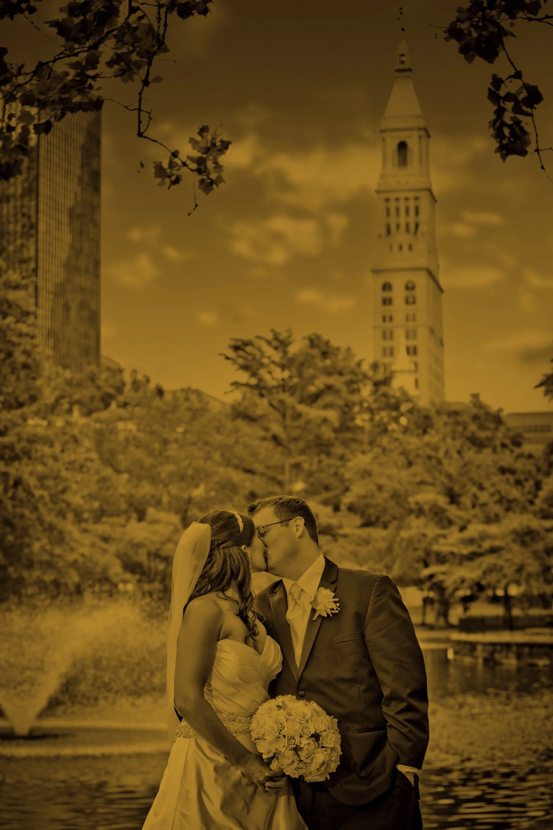 Romantic Kiss in Bushnell Park Wedding Portrait