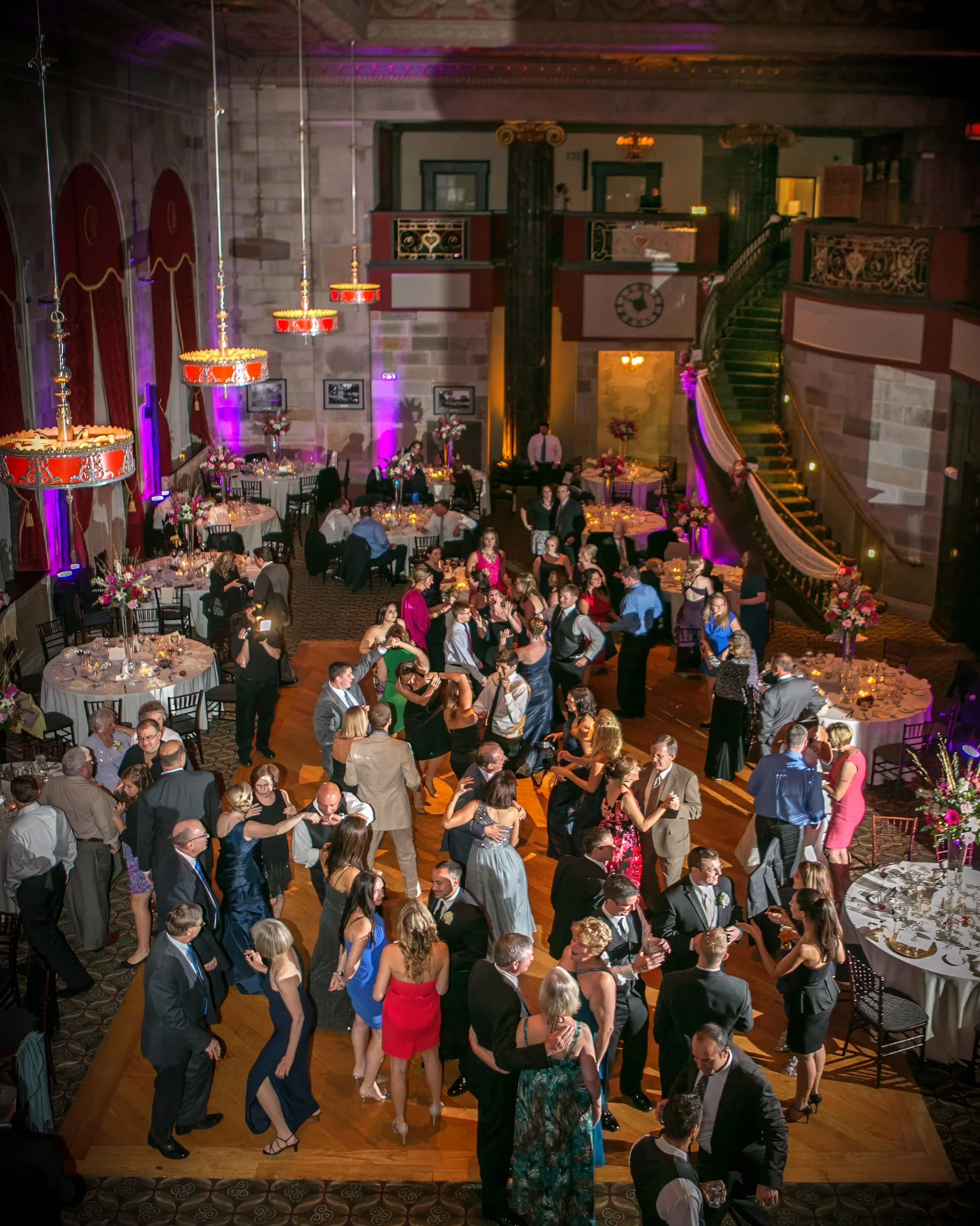 Wide view of guests dancing in The Society Room of Hartford ballroom reception