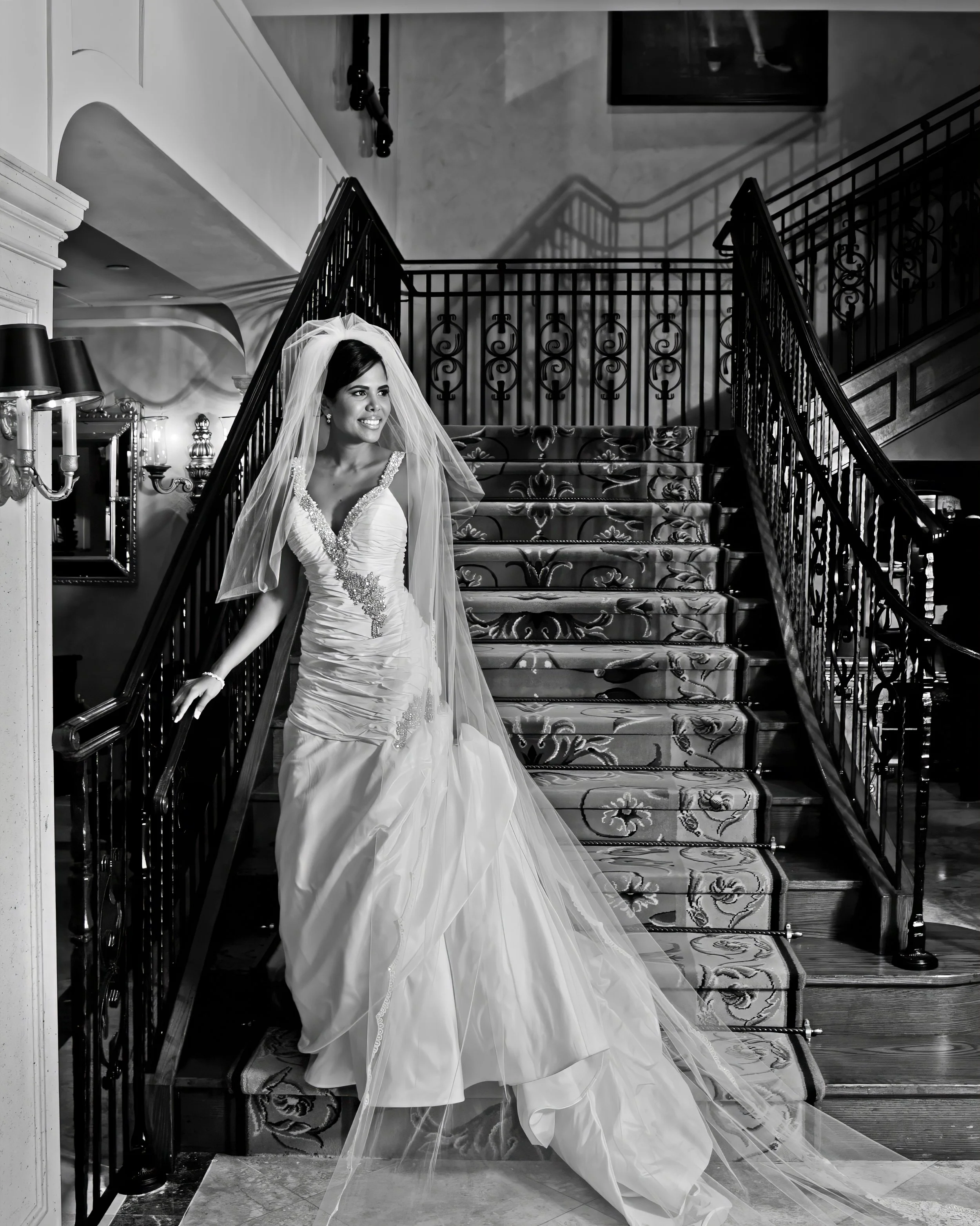 Black and White Bridal Portrait on Staircase
