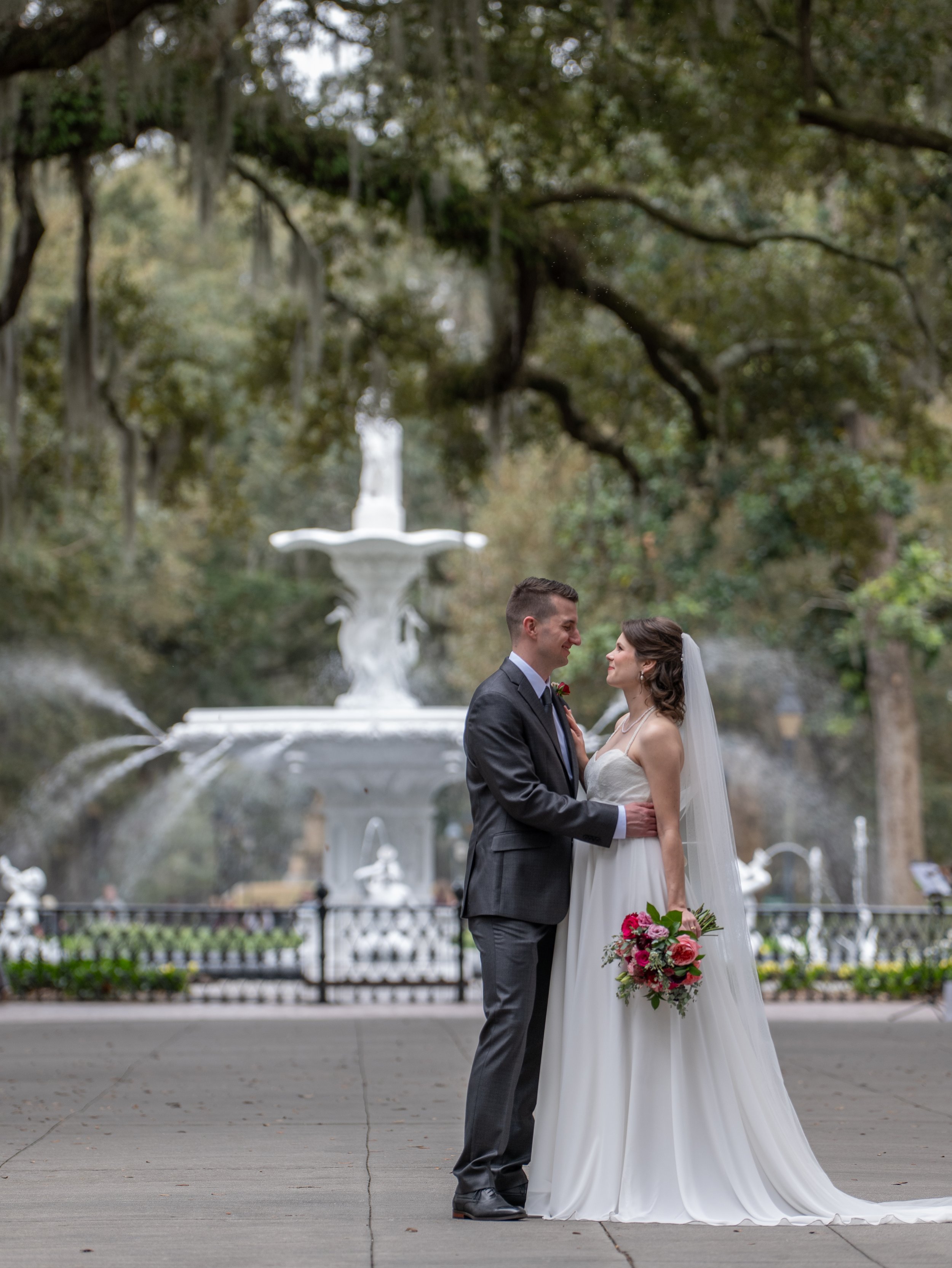 Wedding Portrait with the Forsyth Park Fountain in the Distance