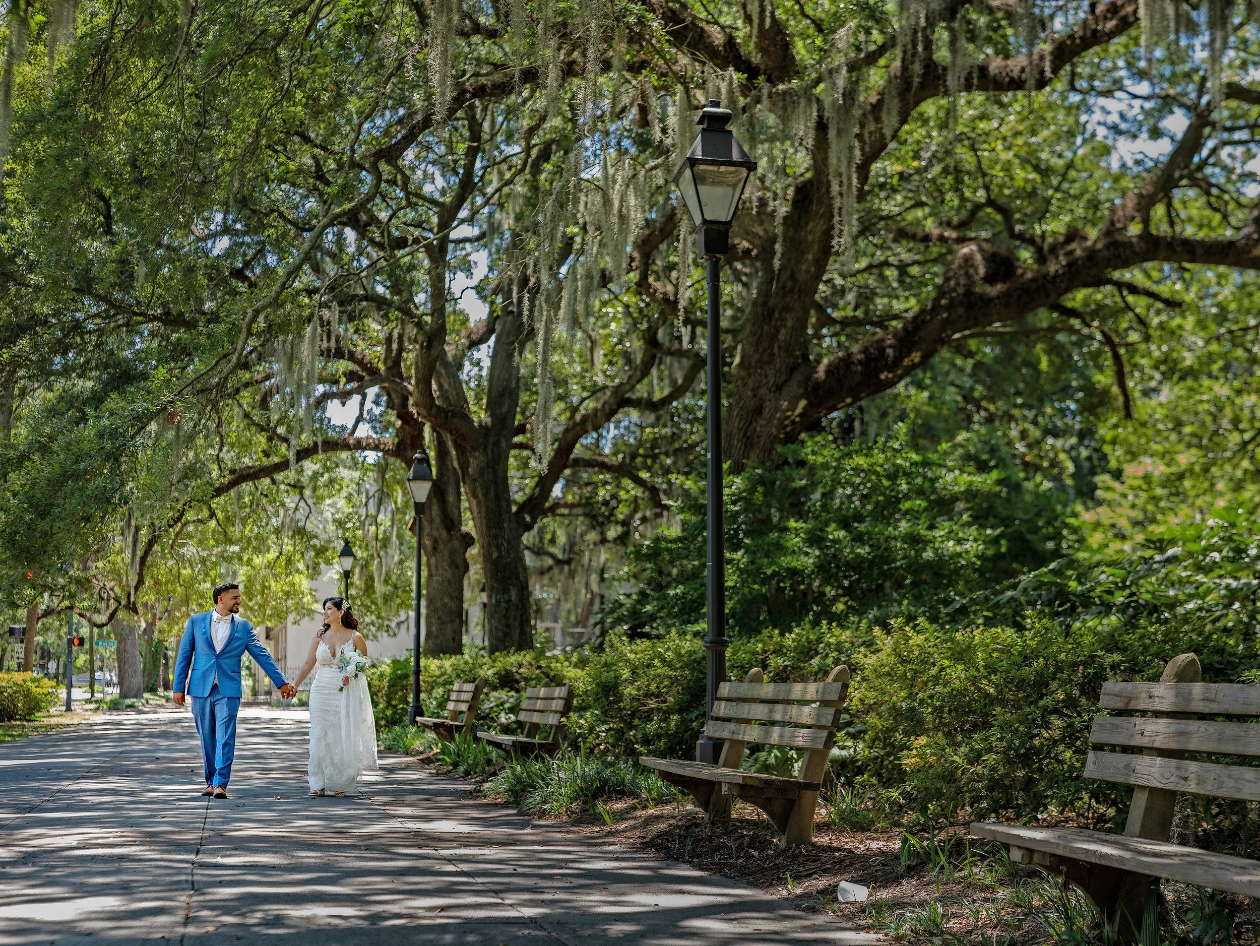 Wedding Portraits Along Gaston Street in Forsyth Park