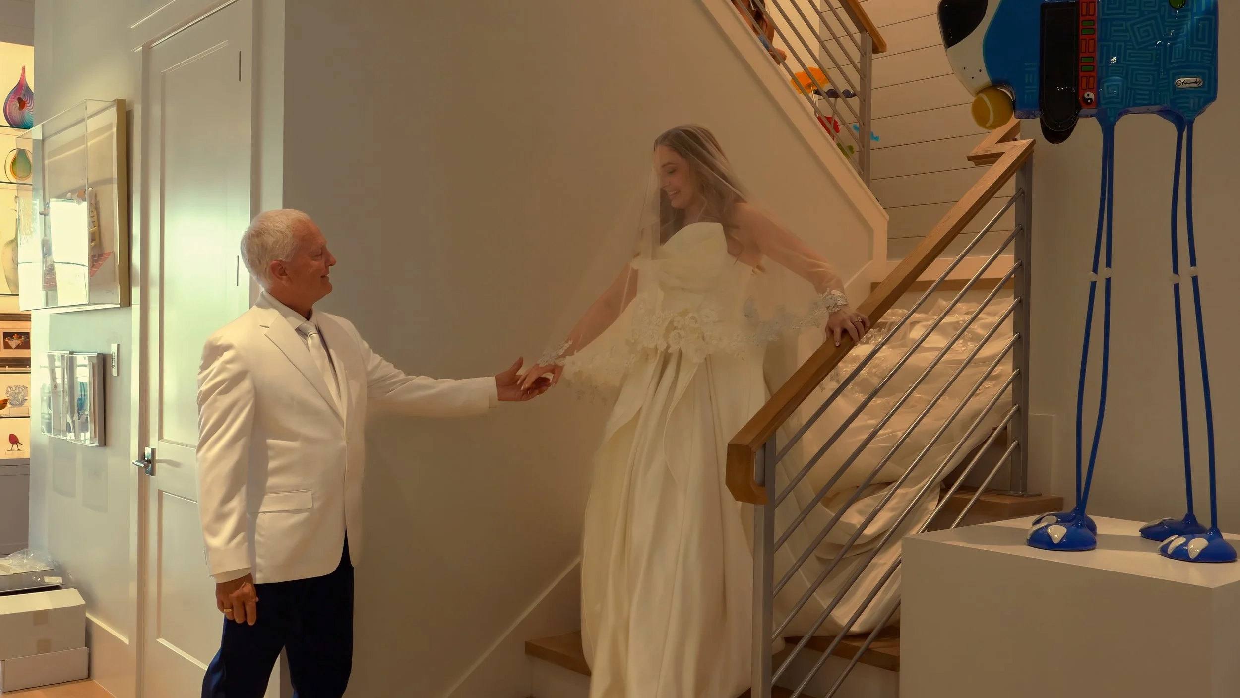 Bride and Father First Look Staircase South Carolina Yacht Club Hilton Head Home