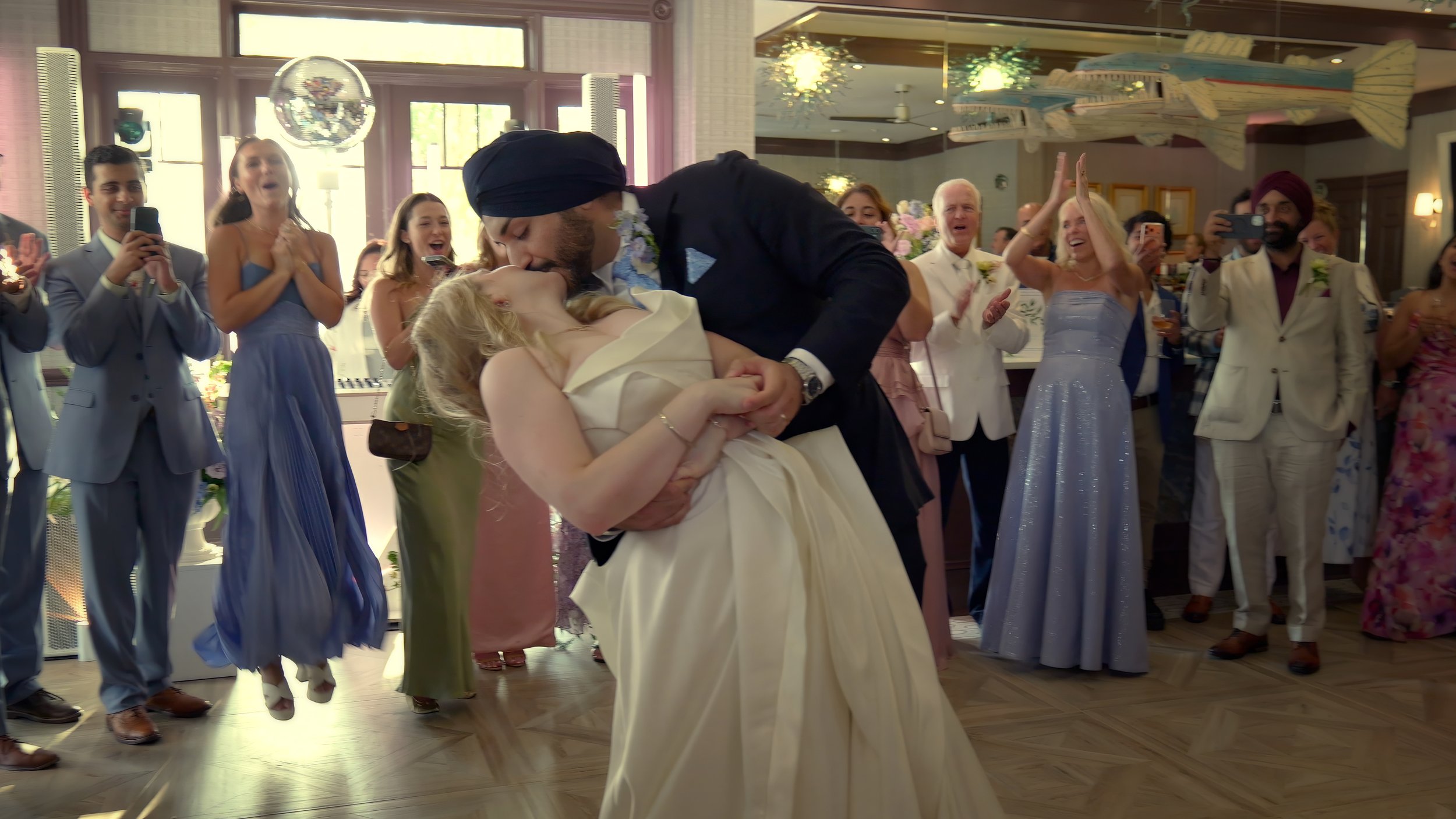 Groom Dips Bride on Dance Floor Wedding Reception South Carolina Yacht Club Hilton Head