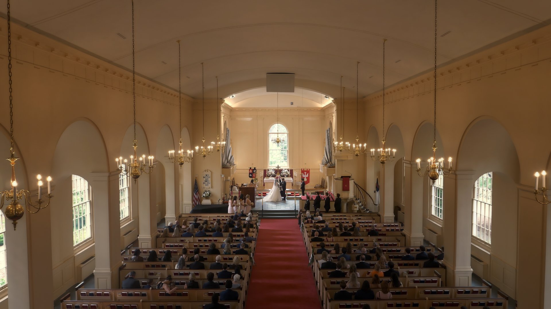 Sweeping balcony view of wedding ceremony at Pinehurst Village Chapel at Pinehurst Resort in North Carolina