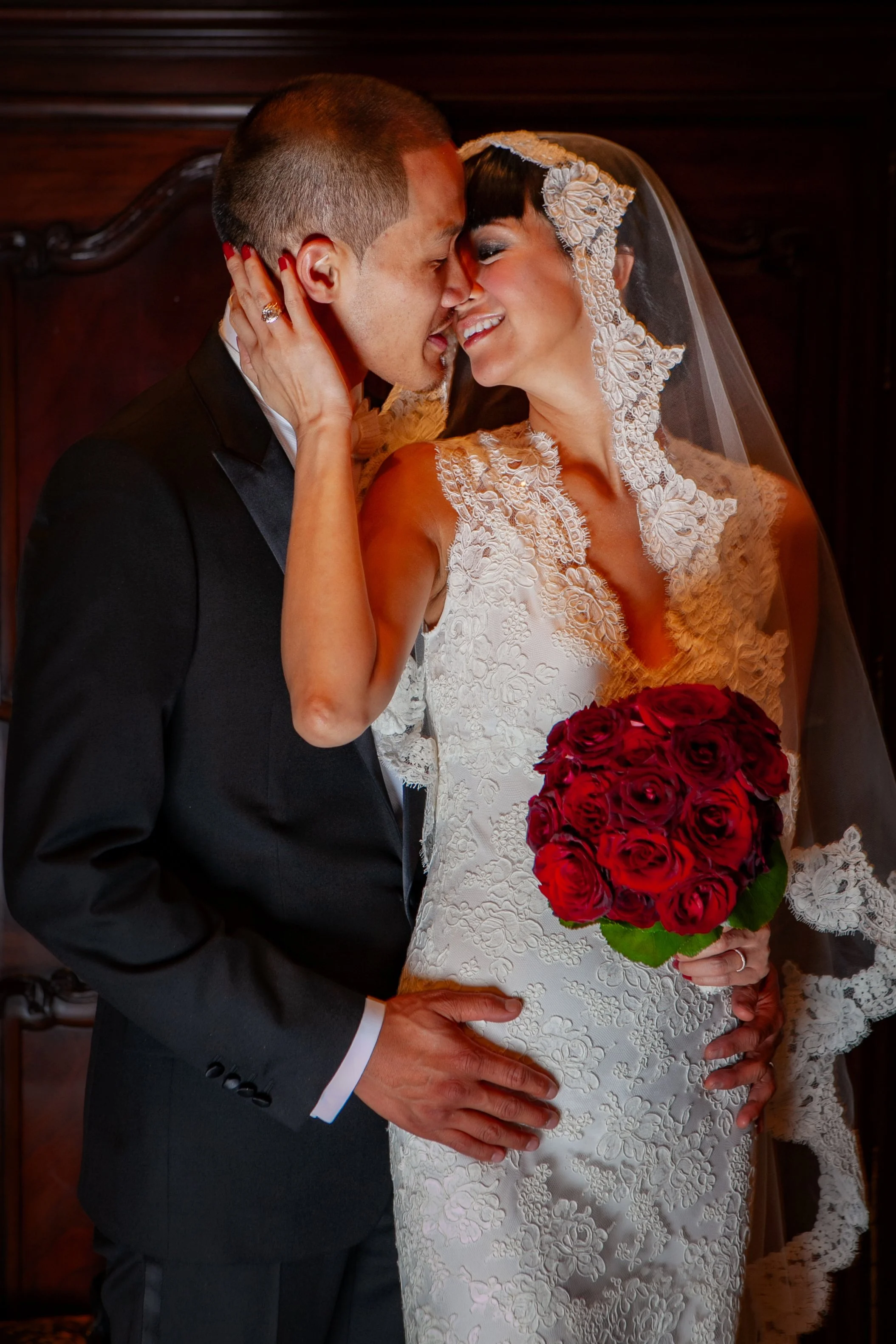 Romantic portrait of a bride and groom in the tapestry room at Cipriani 42nd Street NYC.