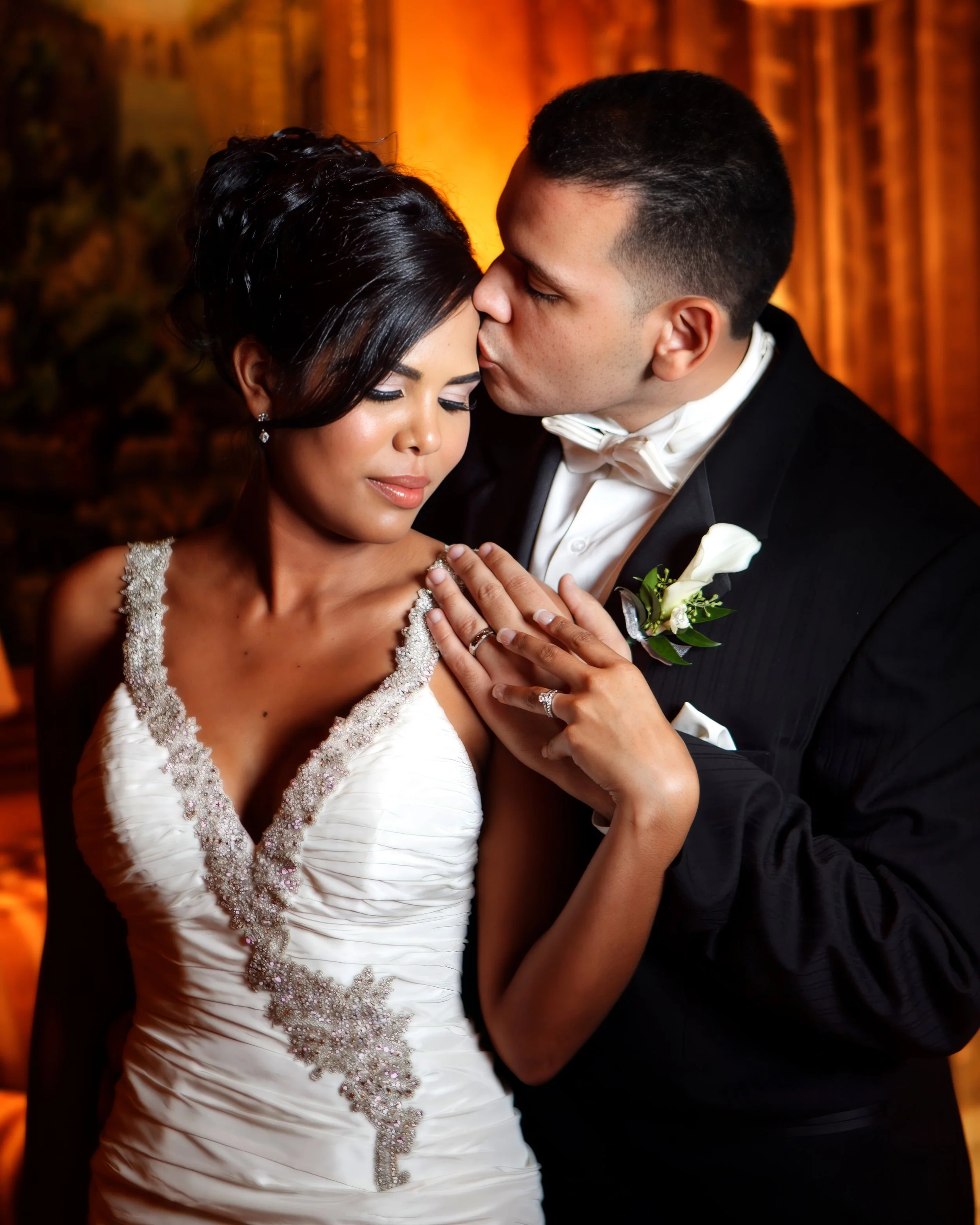Romantic portrait of bride and groom in the foyer of Delamar Greenwich Harbor.