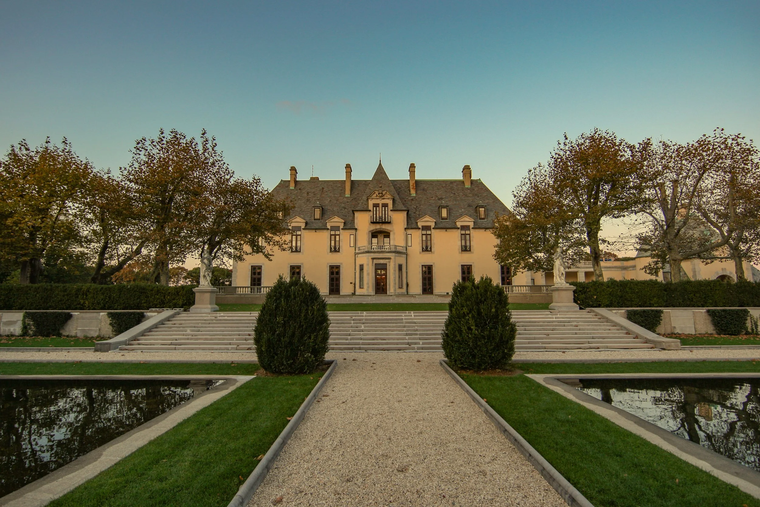Exterior view of Oheka Castle from the formal gardens in Long Island New York